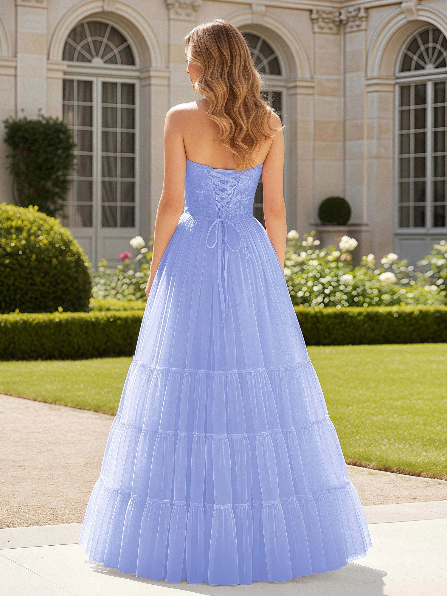 Sweetheart Appliqued Corset Tulle Dress With Slit  Lavender - Image 2