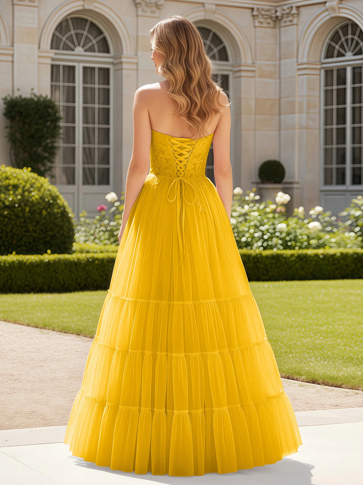 Sweetheart Appliqued Corset Tulle Dress With Slit  Marigold - Image 2