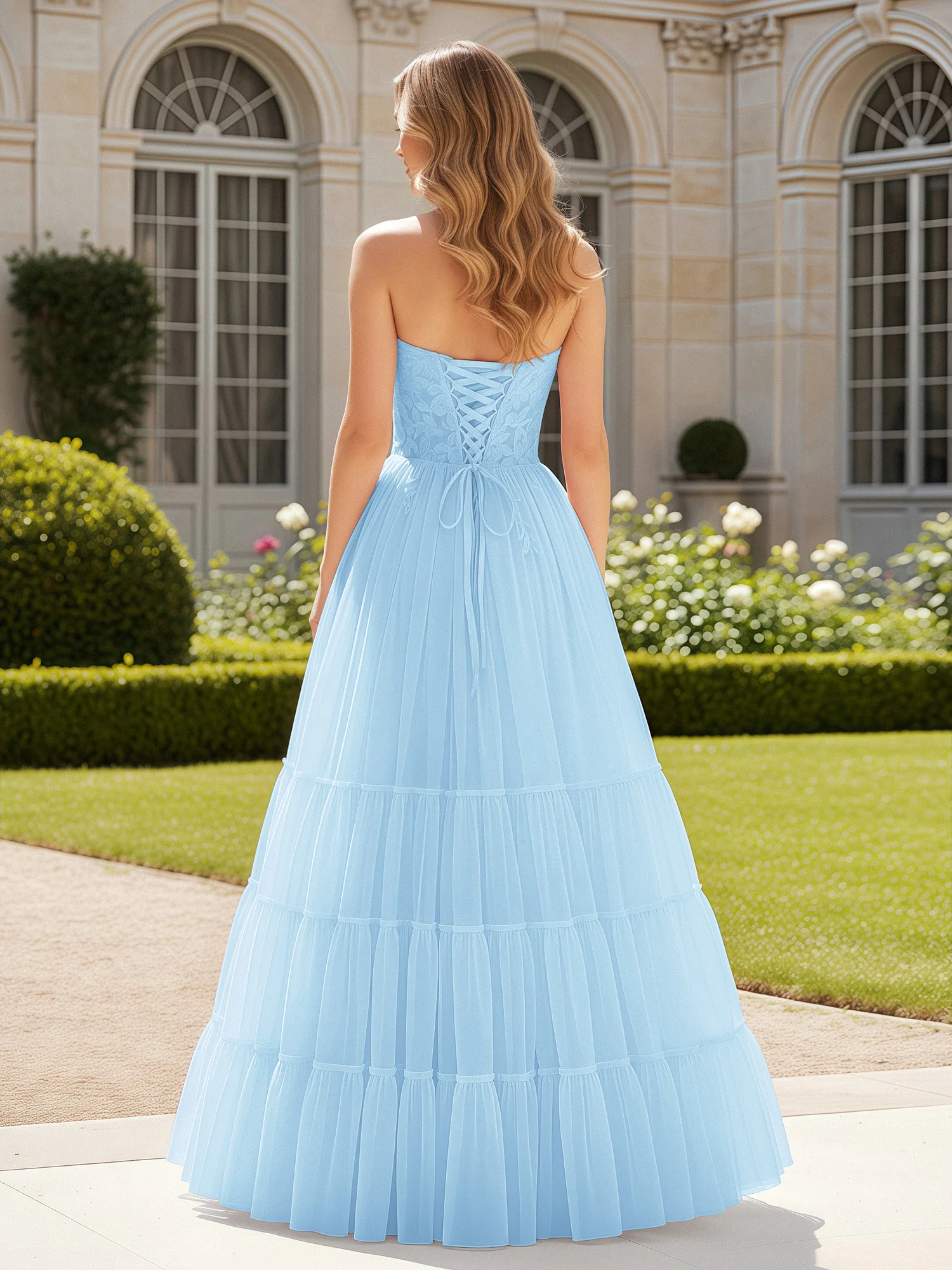Sweetheart Appliqued Corset Tulle Dress With Slit  Sky Blue - Image 2