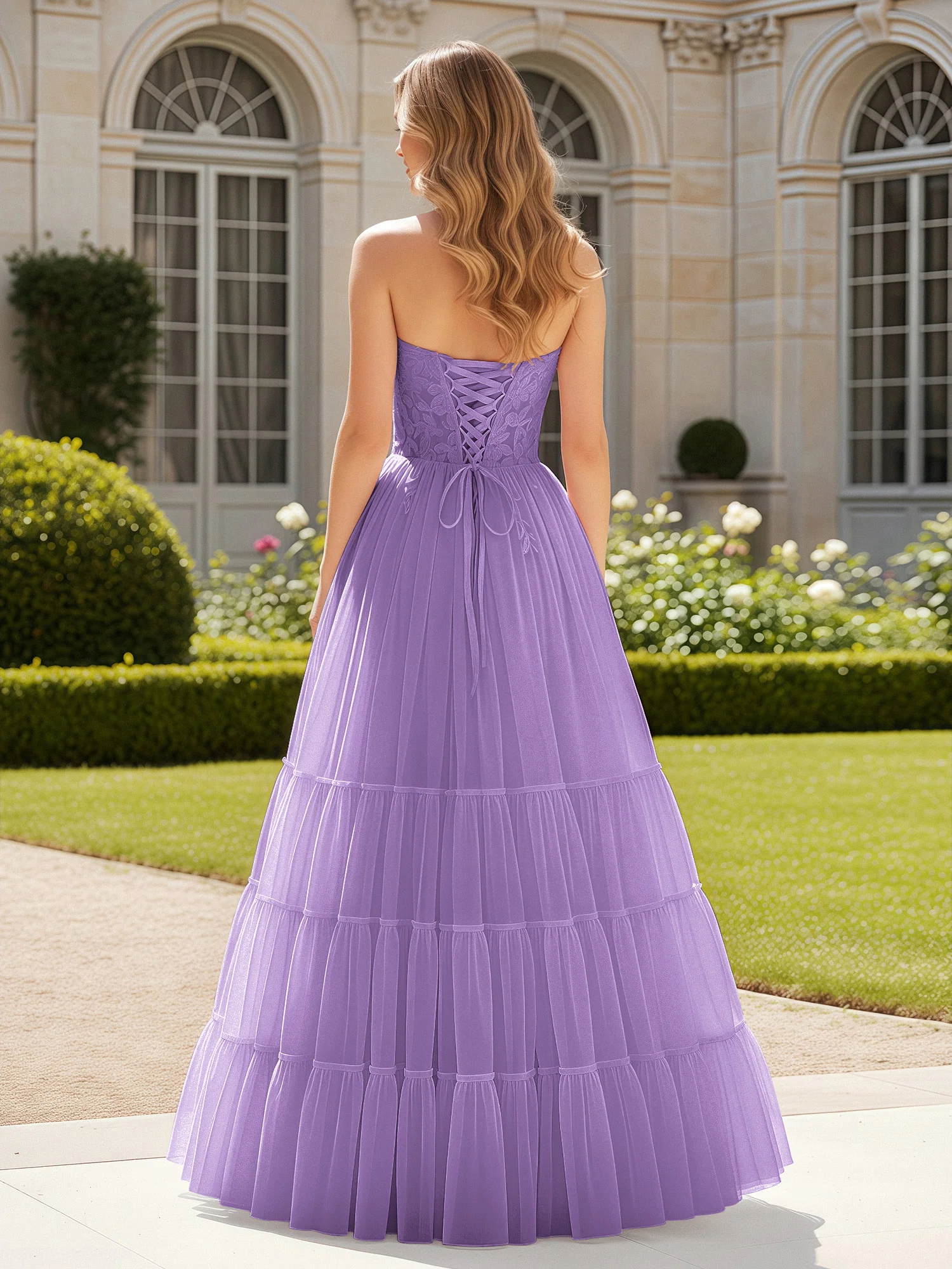 Sweetheart Appliqued Corset Tulle Dress With Slit  Tahiti - Image 2