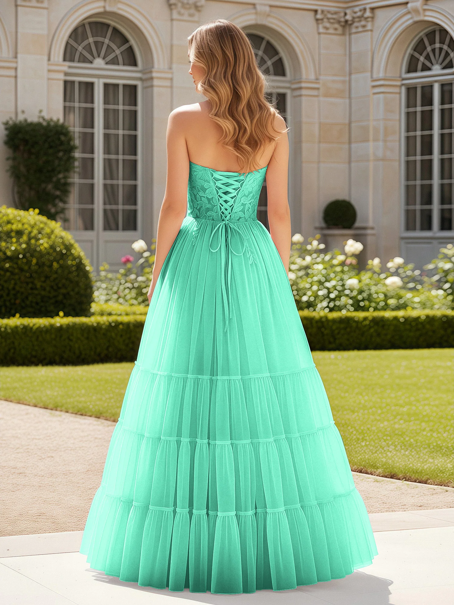 Sweetheart Appliqued Corset Tulle Dress With Slit  Turquoise - Image 2