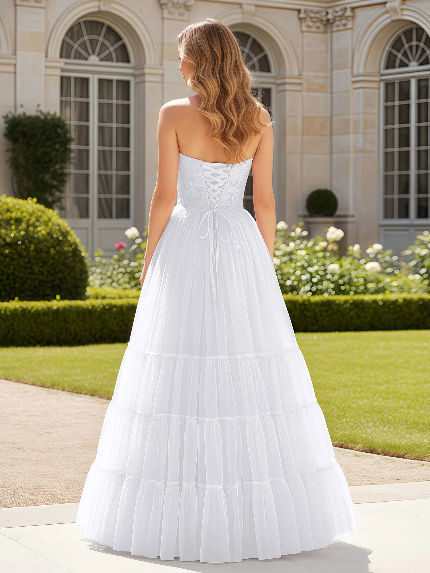 Sweetheart Appliqued Corset Tulle Dress With Slit White - Image 2