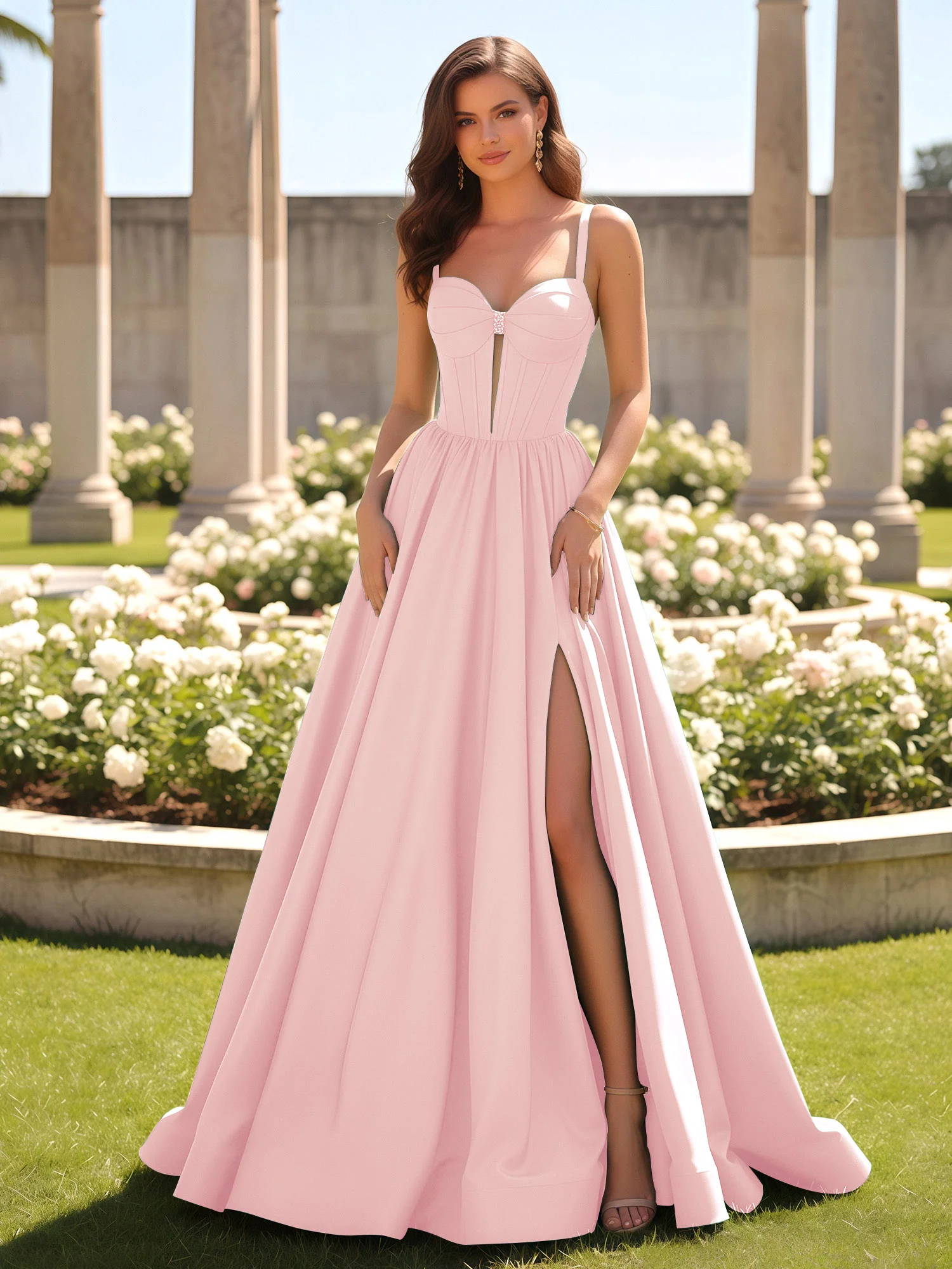 Sweetheart Cutout A-Line Ruched Dress With Slit Blushing Pink