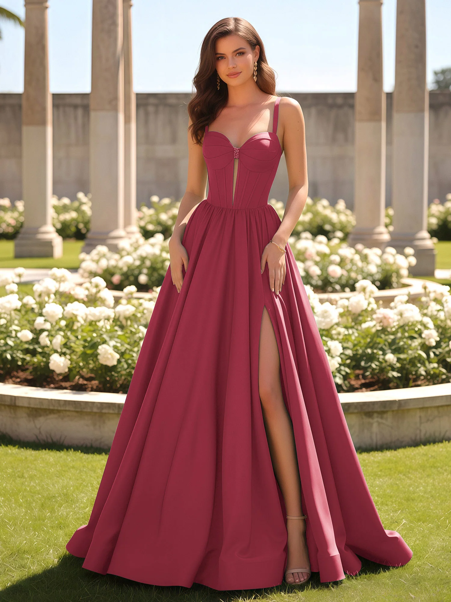 Sweetheart Cutout A-Line Ruched Dress With Slit Cinnamon Rose
