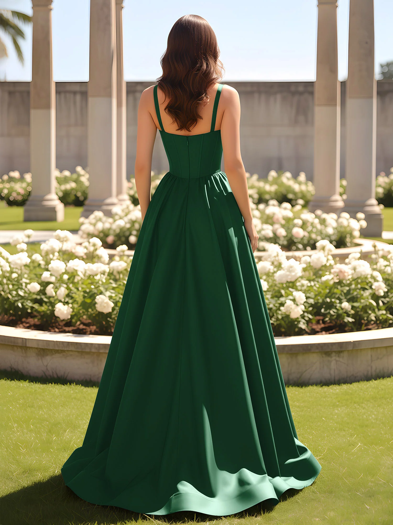 Sweetheart Cutout A-Line Ruched Dress With Slit Dark Green - Image 2
