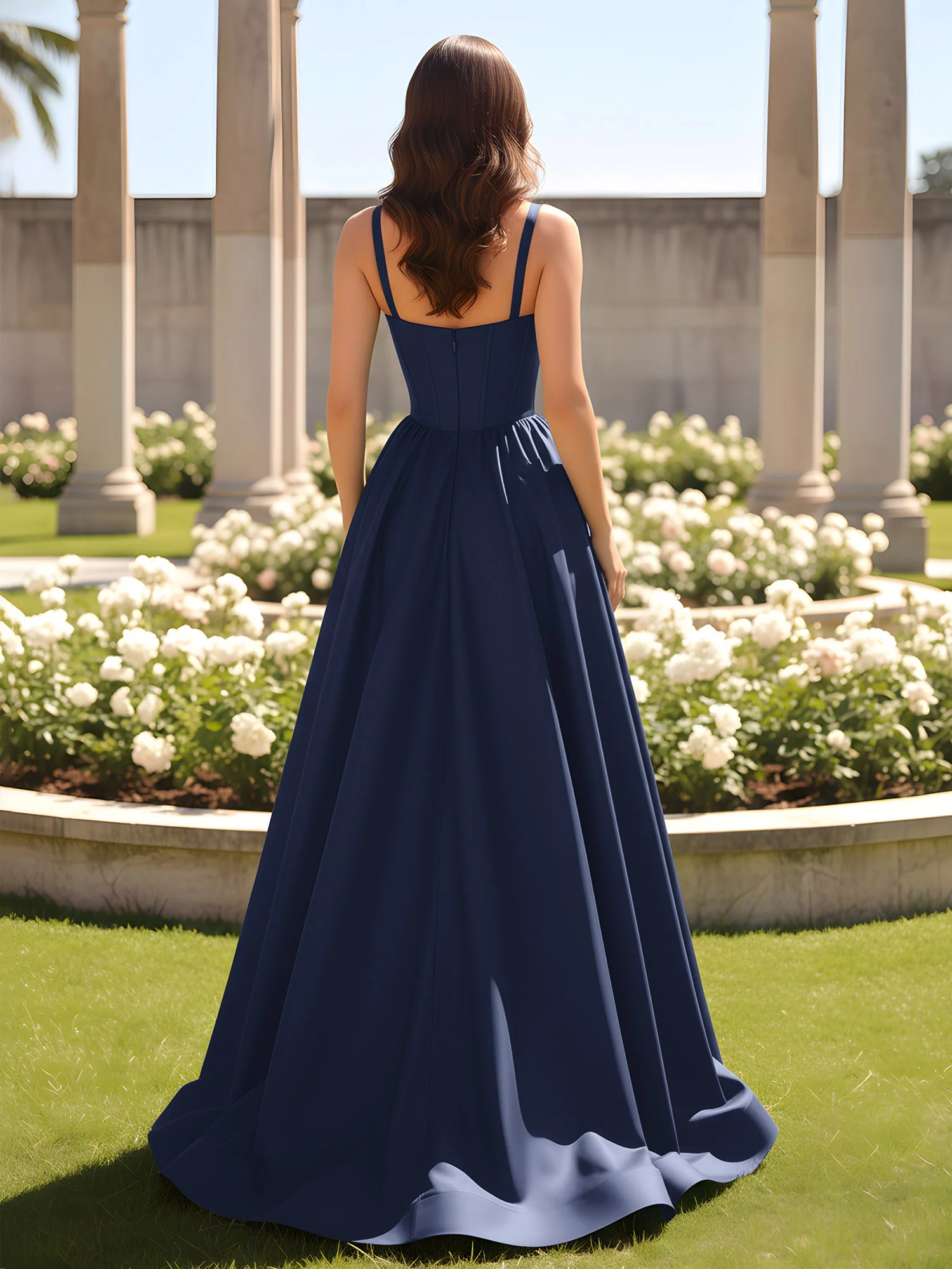 Sweetheart Cutout A-Line Ruched Dress With Slit Dark Navy - Image 2