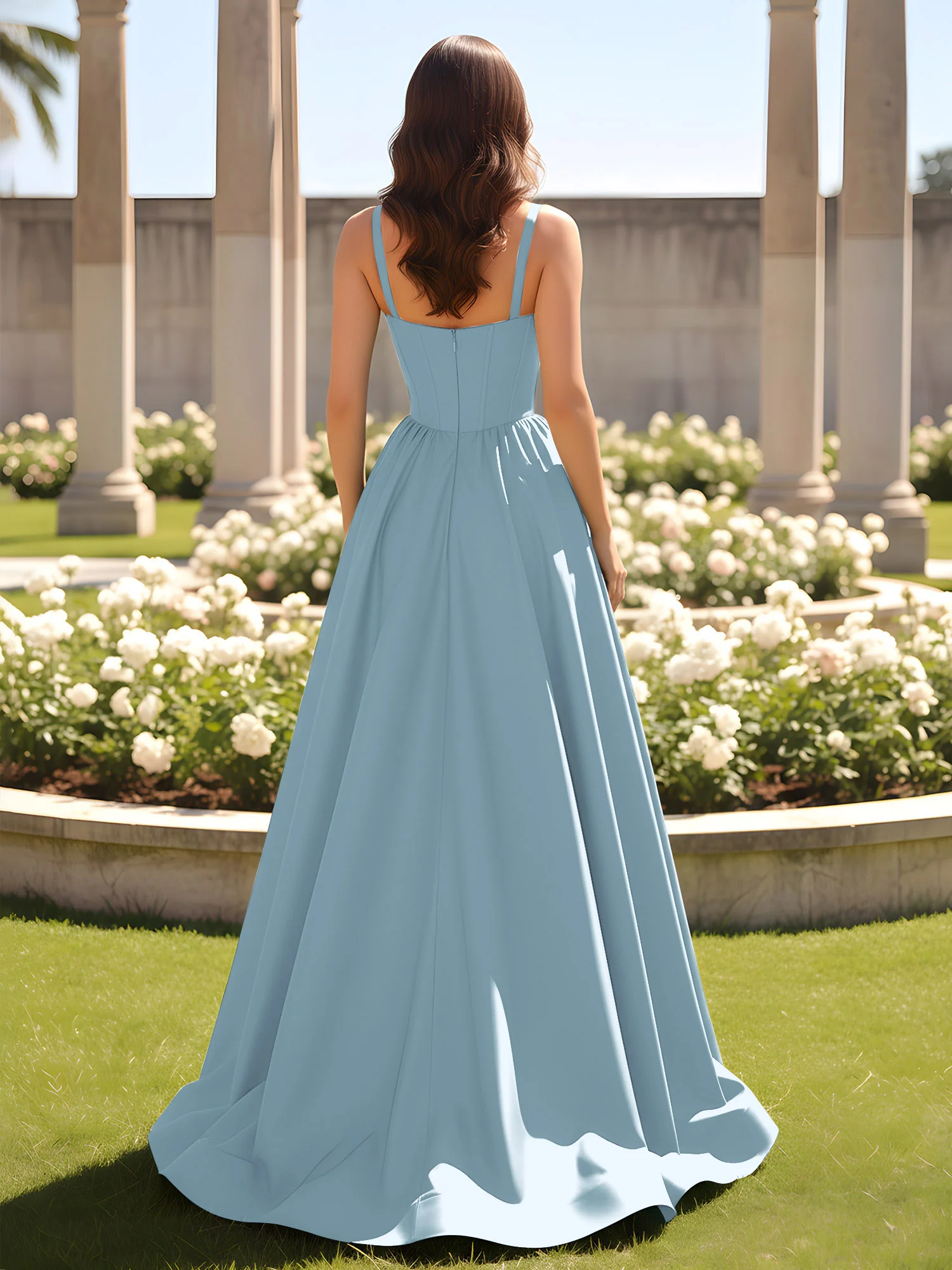 Sweetheart Cutout A-Line Ruched Dress With Slit Dusty Blue - Image 2