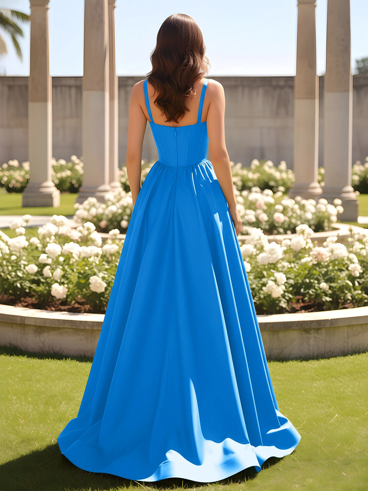 Sweetheart Cutout A-Line Ruched Dress With Slit Ocean Blue - Image 2