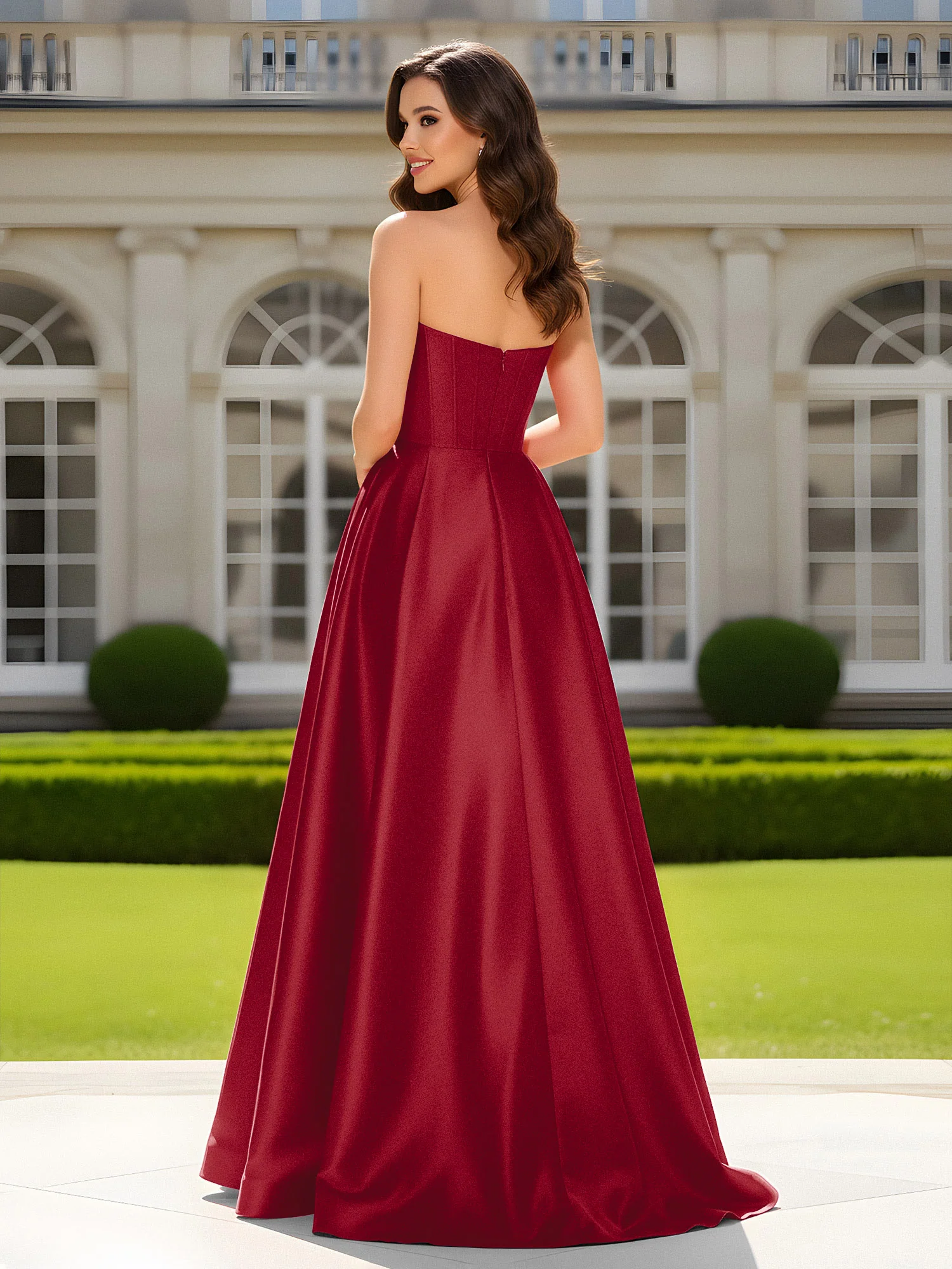 Sweetheart Neck A-Line Satin Maxi Dress With Slit Burgundy - Image 2