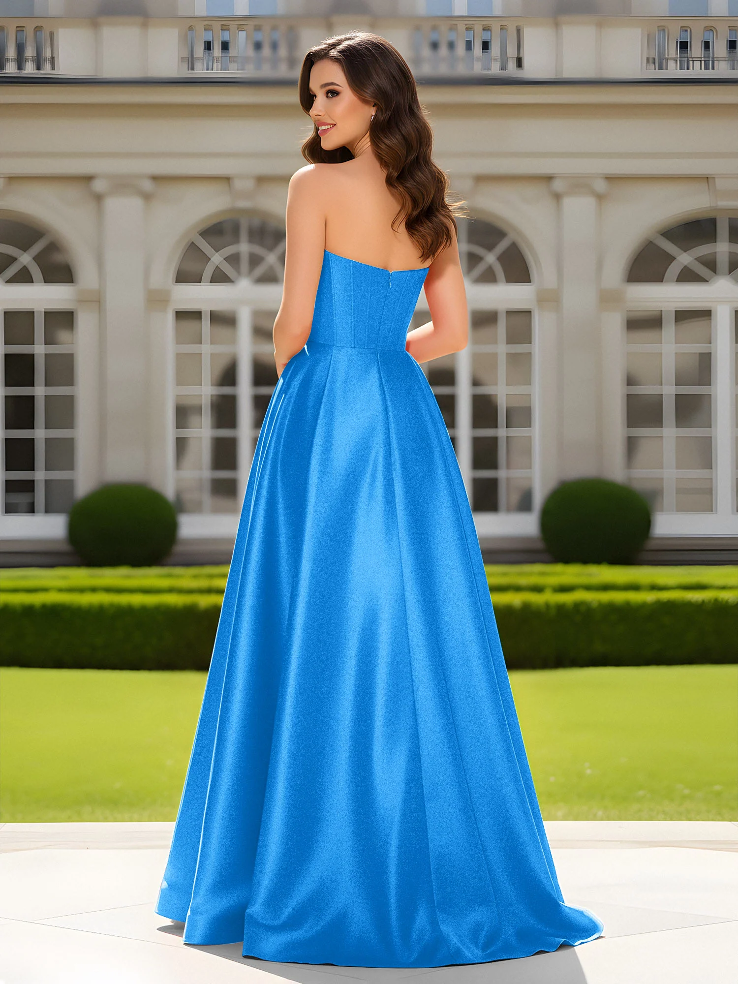 Sweetheart Neck A-Line Satin Maxi Dress With Slit Ocean Blue - Image 2