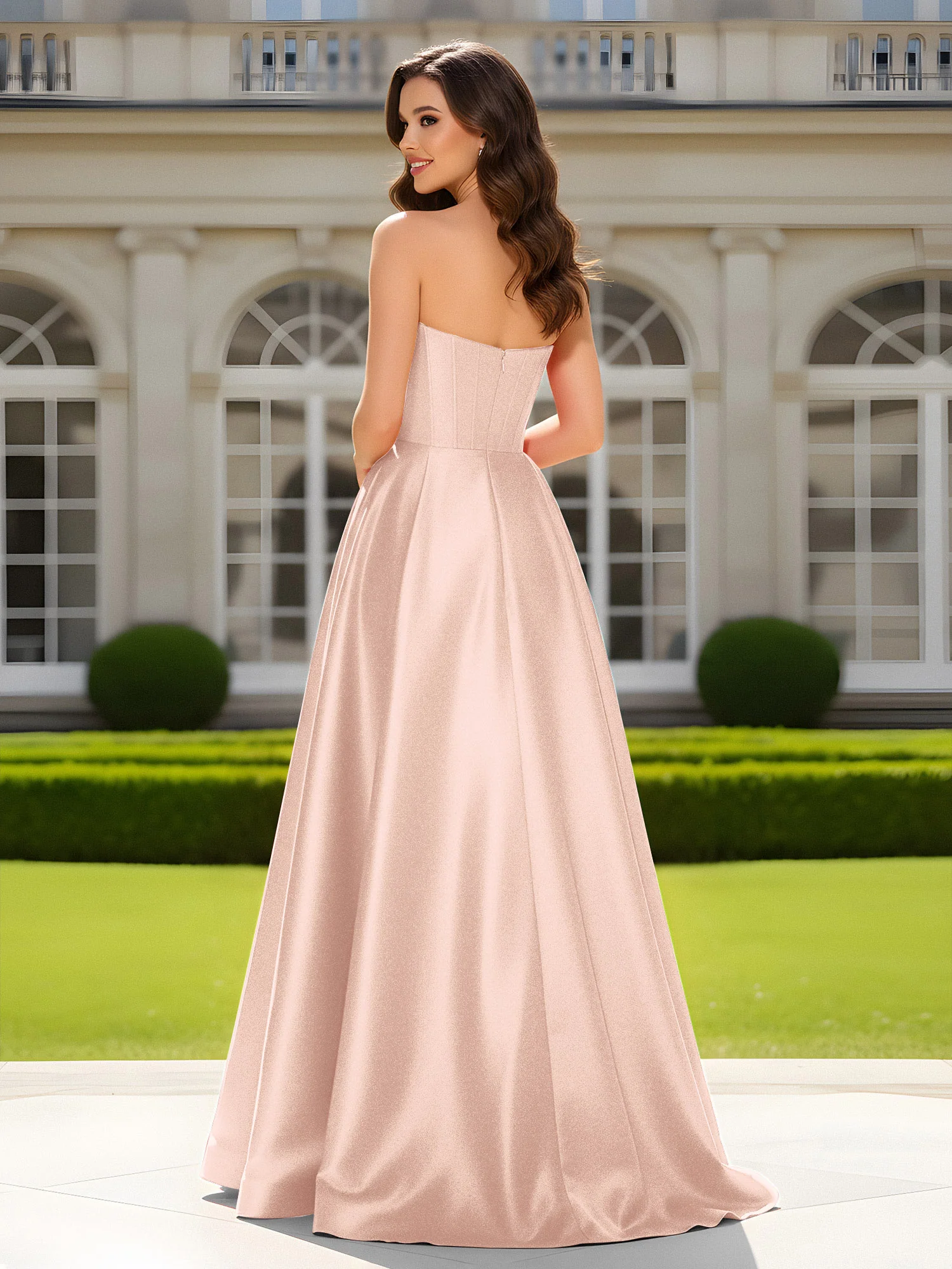 Sweetheart Neck A-Line Satin Maxi Dress With Slit Pearl Pink - Image 2