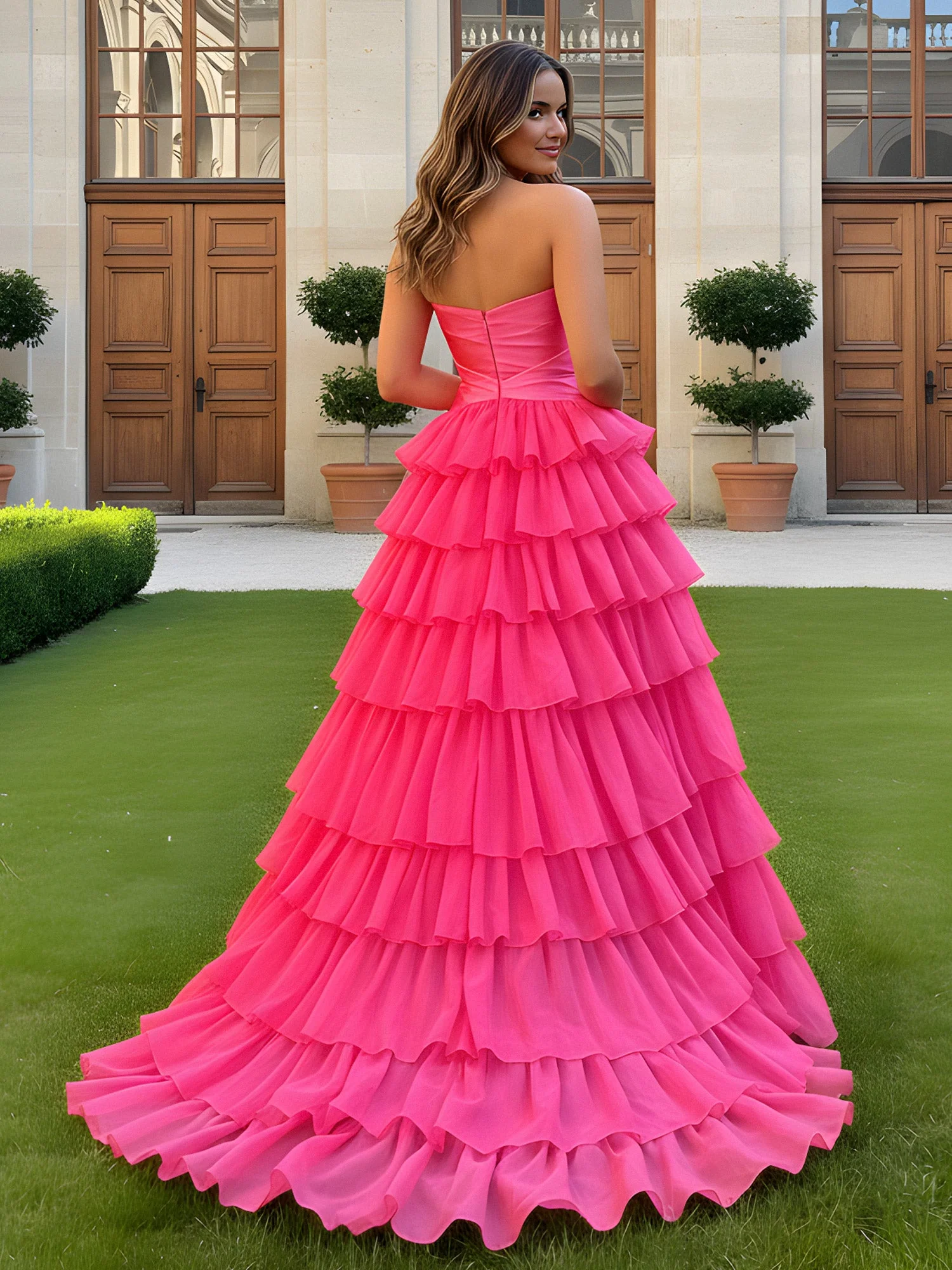 Sweetheart Neck Cutout A-Line Tiered Dress With Slit Coral - Image 2