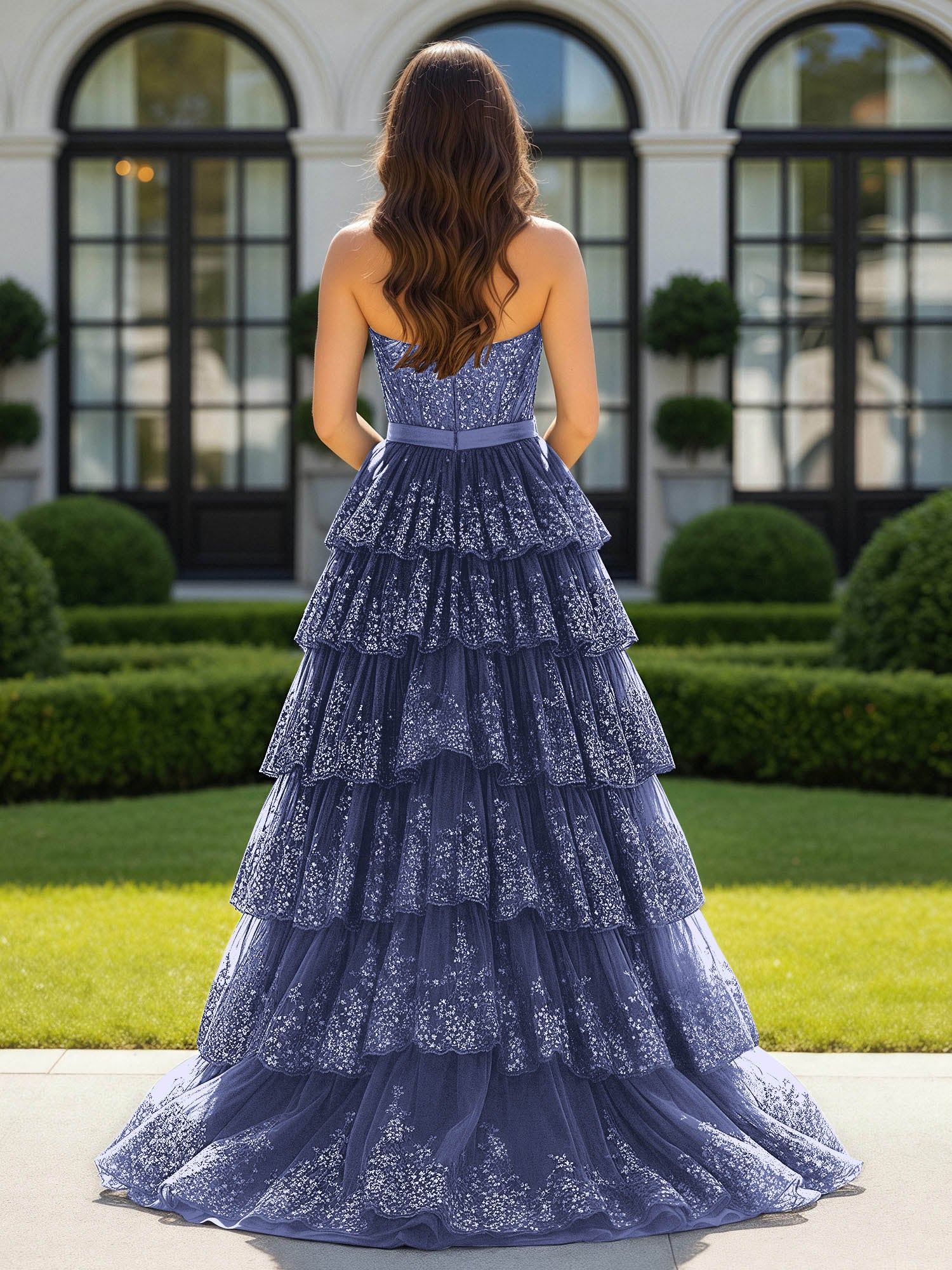 Sweetheart Neck Sequins Tiered Tulle Dress With Bow Periwinkle - Image 2