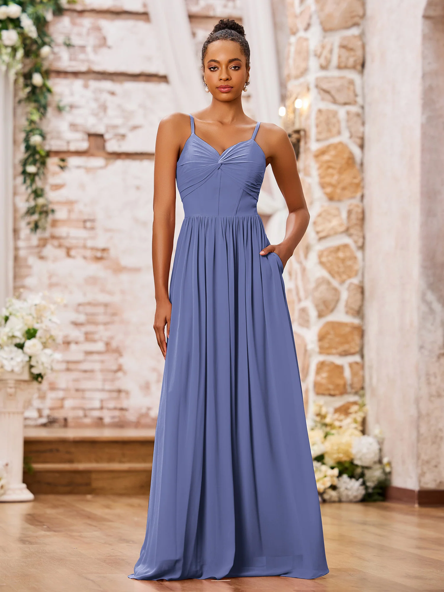 Sweetheart Neck Spaghetti Straps Chiffon Dresses with Pocket Periwinkle