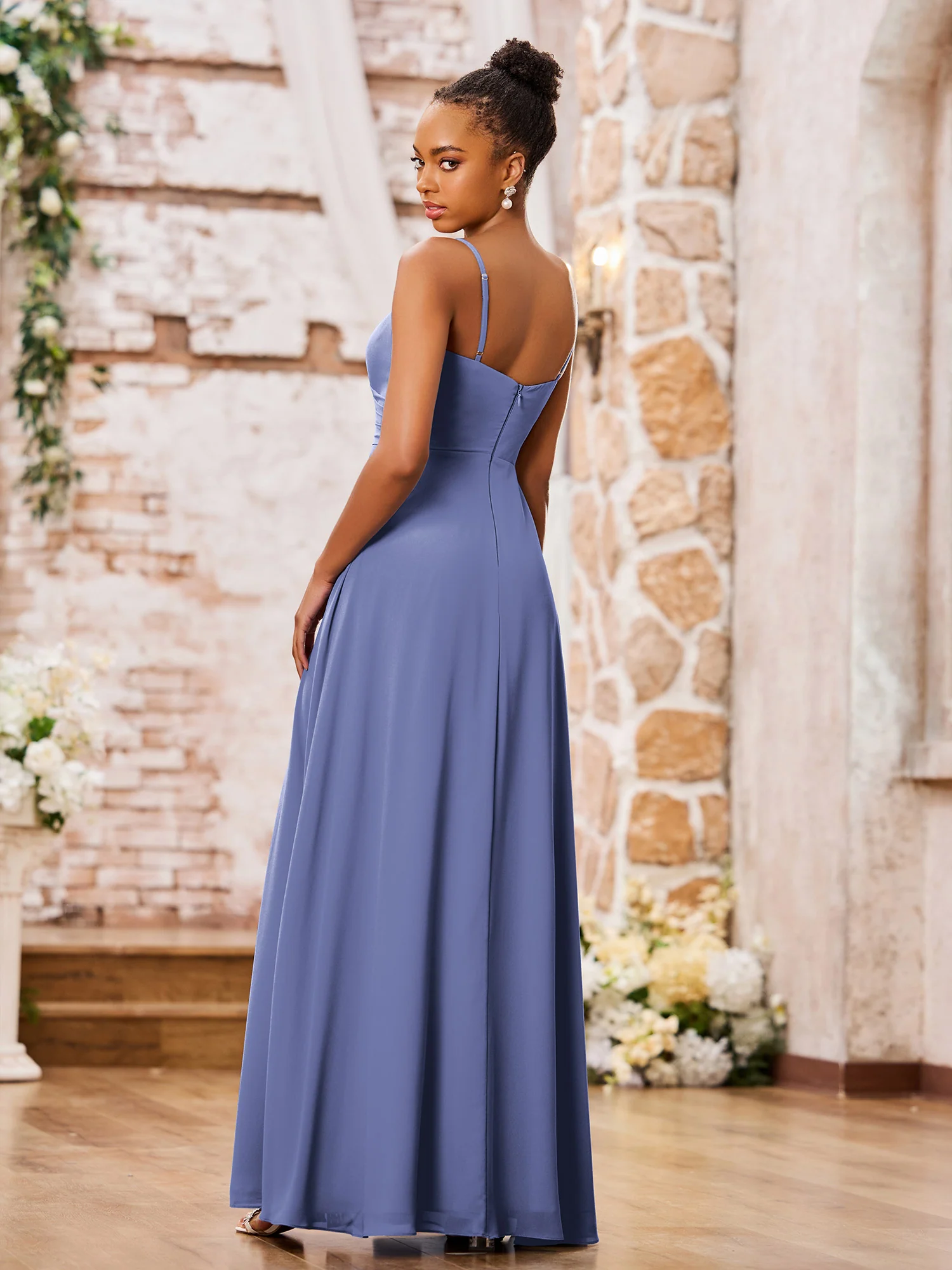 Sweetheart Neck Spaghetti Straps Chiffon Dresses with Slit Periwinkle - Image 2