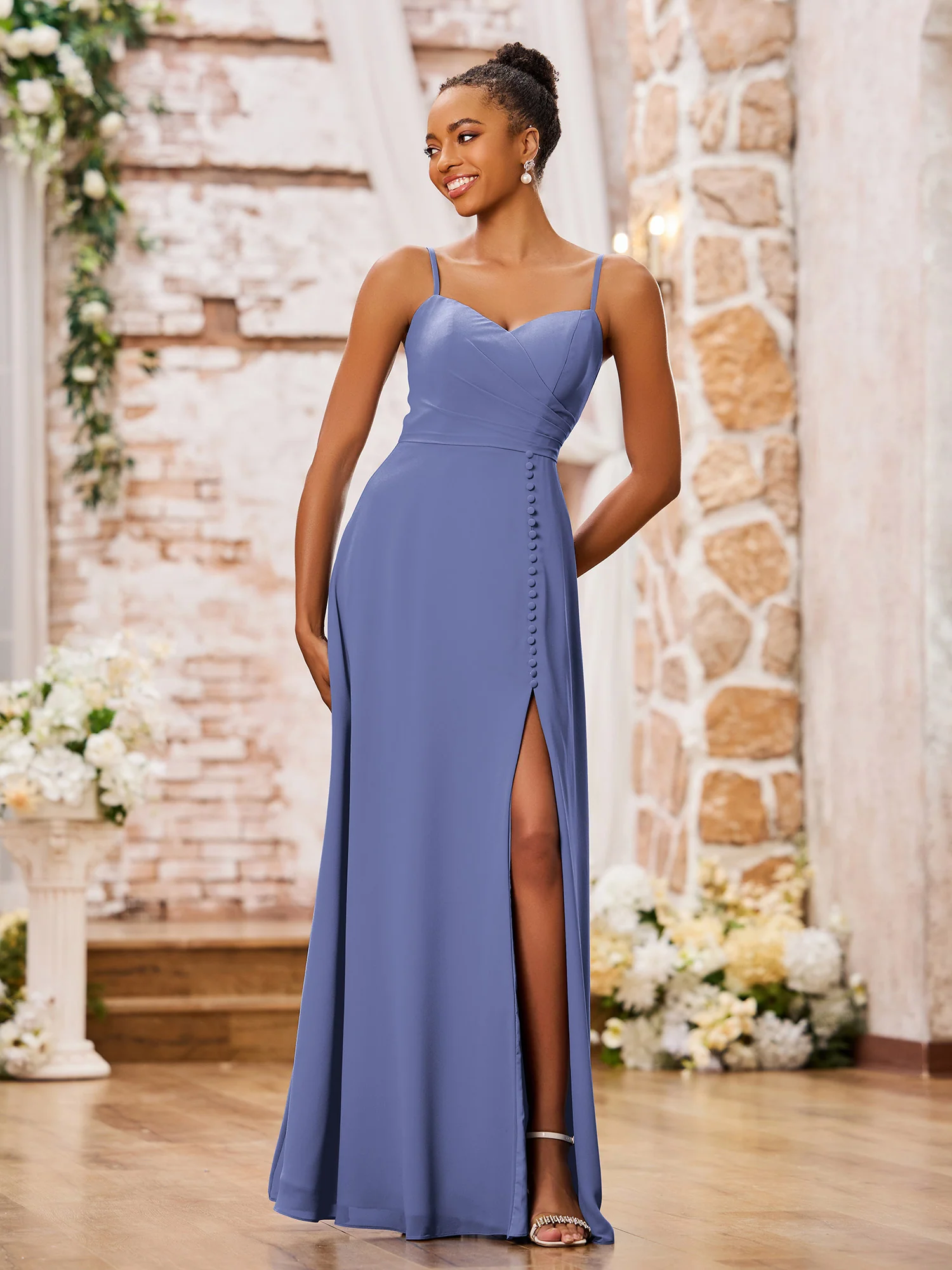 Sweetheart Neck Spaghetti Straps Chiffon Dresses with Slit Periwinkle - Image 3