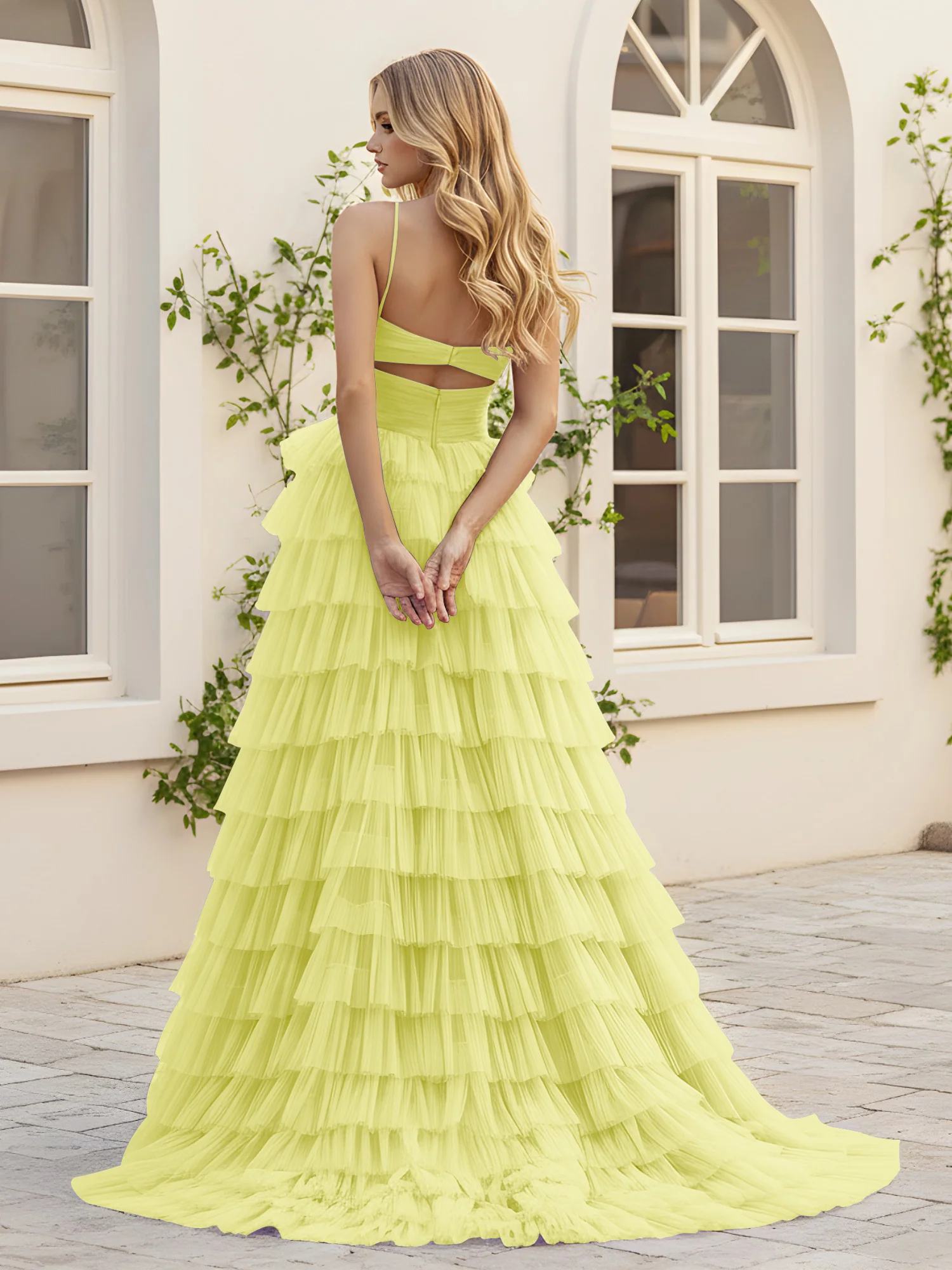 Sweetheart Neck Tiered Sweep Train Dress With Slit Daffodil - Image 2