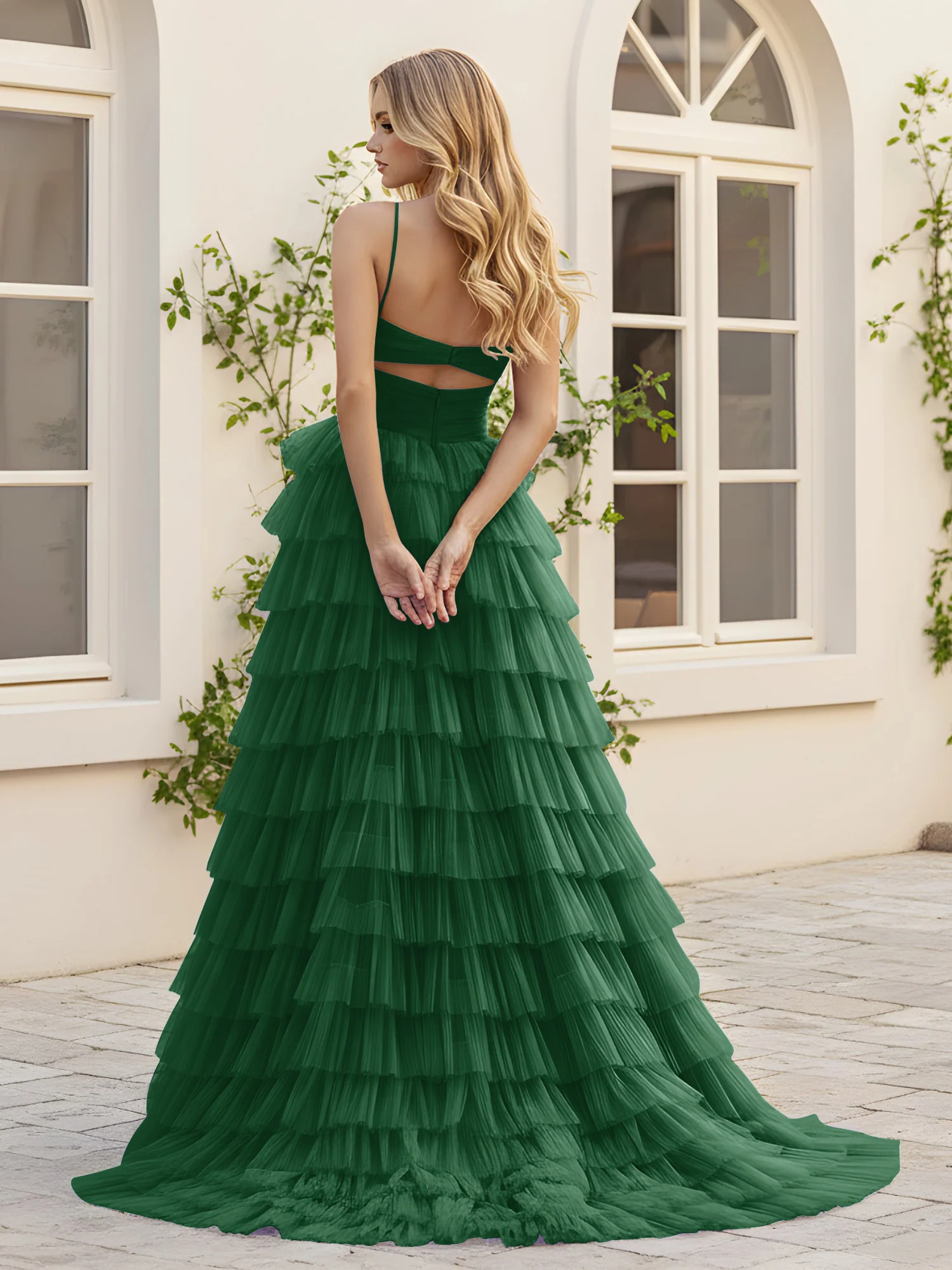 Sweetheart Neck Tiered Sweep Train Dress With Slit Dark Green - Image 2