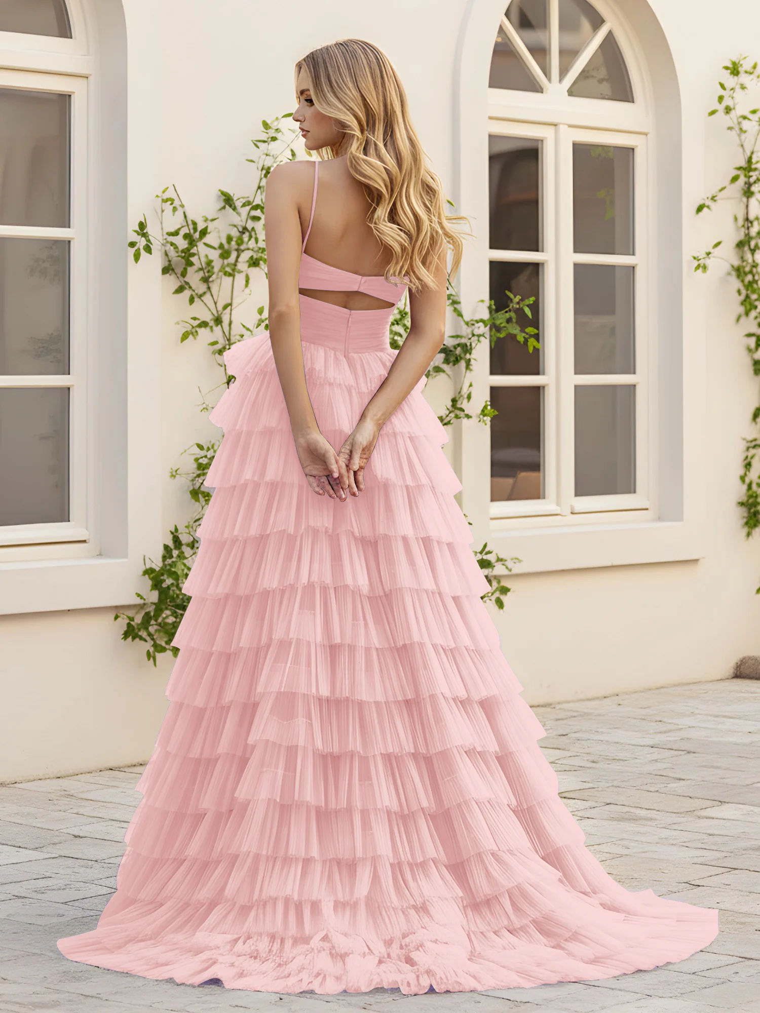 Sweetheart Neck Tiered Sweep Train Dress With Slit Dusty Rose - Image 2