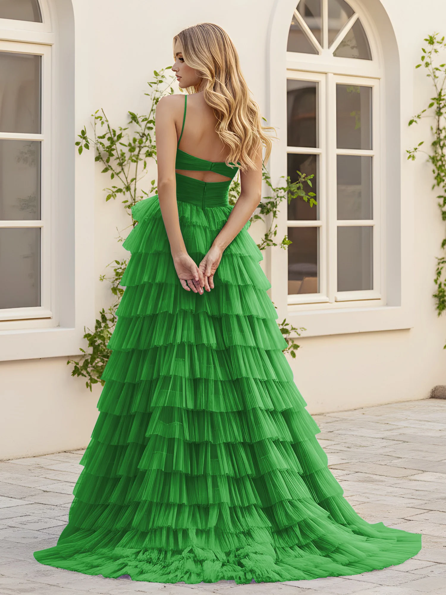 Sweetheart Neck Tiered Sweep Train Dress With Slit Green - Image 2