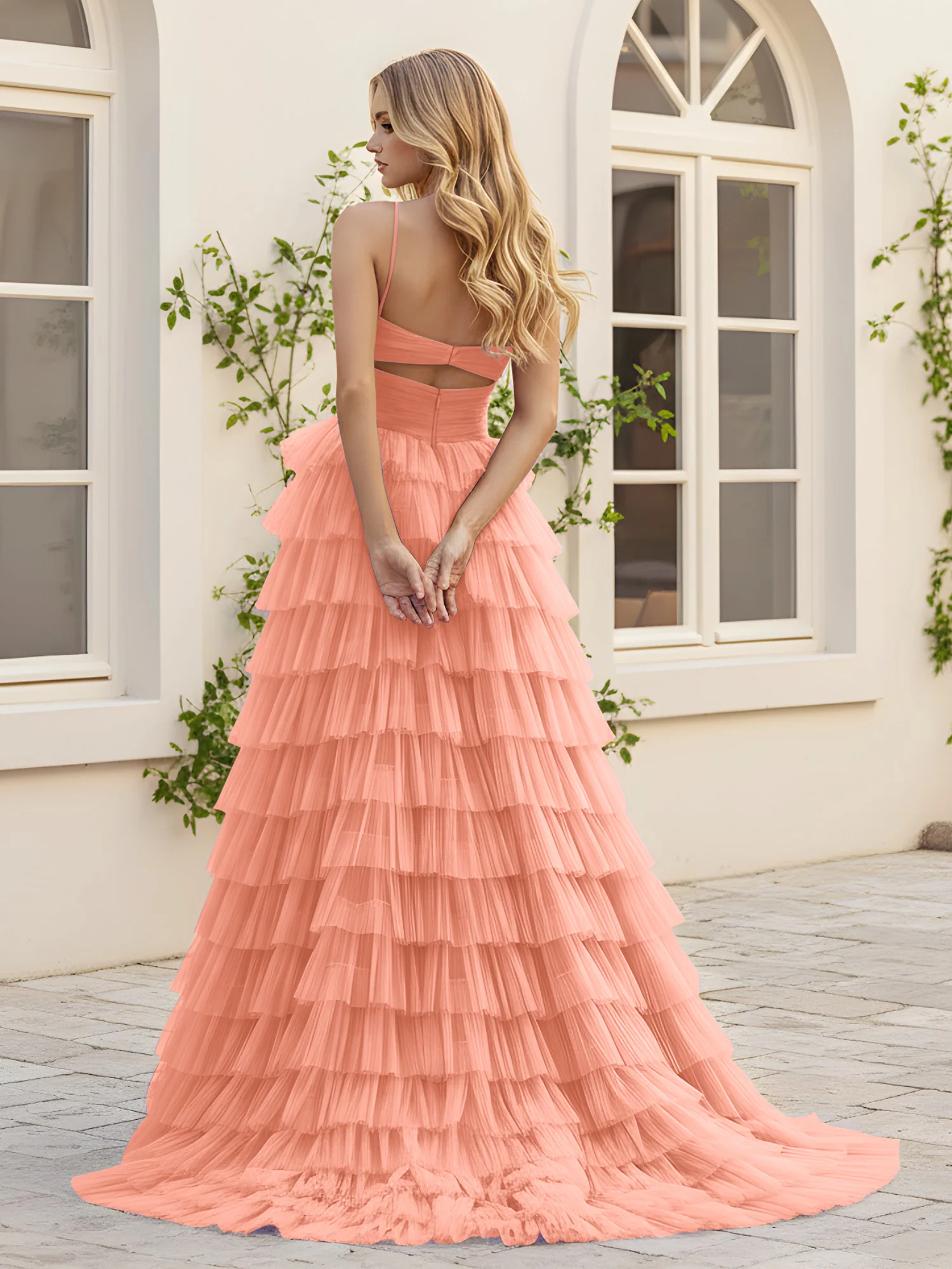 Sweetheart Neck Tiered Sweep Train Dress With Slit Papaya - Image 2