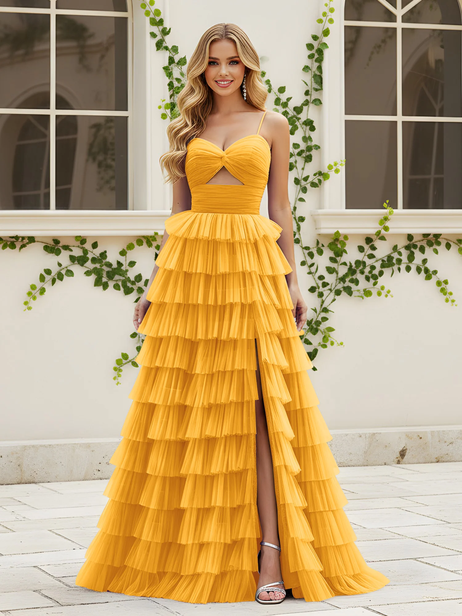 Sweetheart Neck Tiered Sweep Train Dress With Slit Tangerine