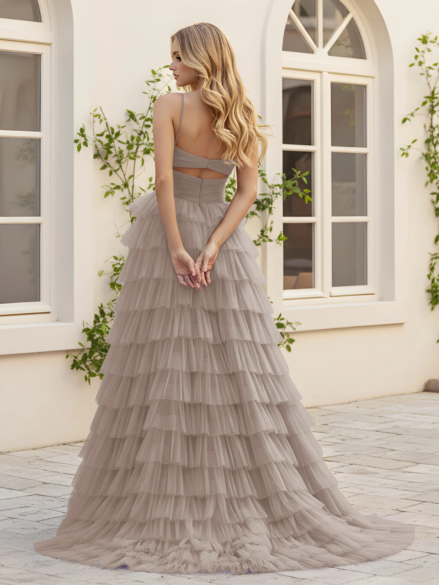 Sweetheart Neck Tiered Sweep Train Dress With Slit Taupe - Image 2