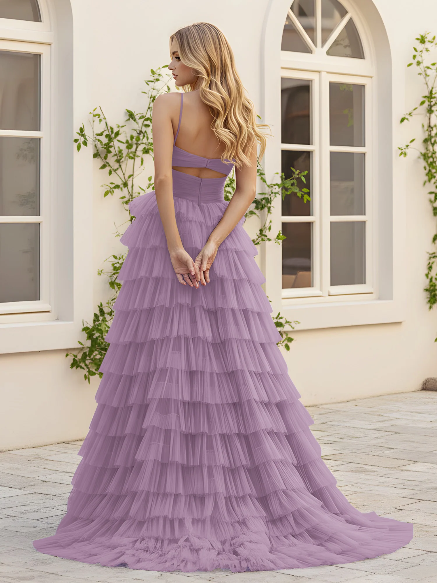 Sweetheart Neck Tiered Sweep Train Dress With Slit Wisteria - Image 2