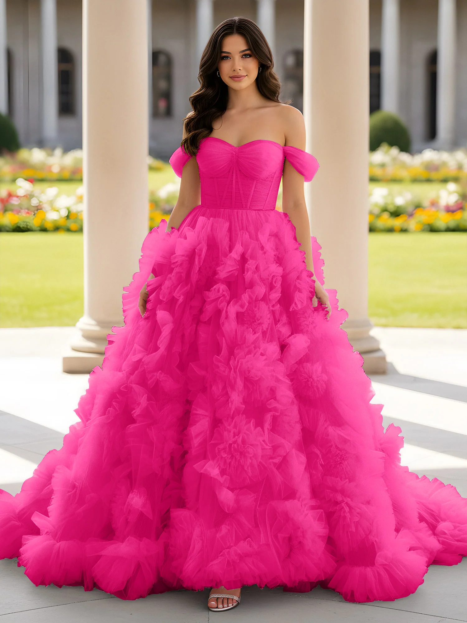 Sweetheart Off-the-shoulder Ruffle Ball Gown Sweep Train Fuchsia