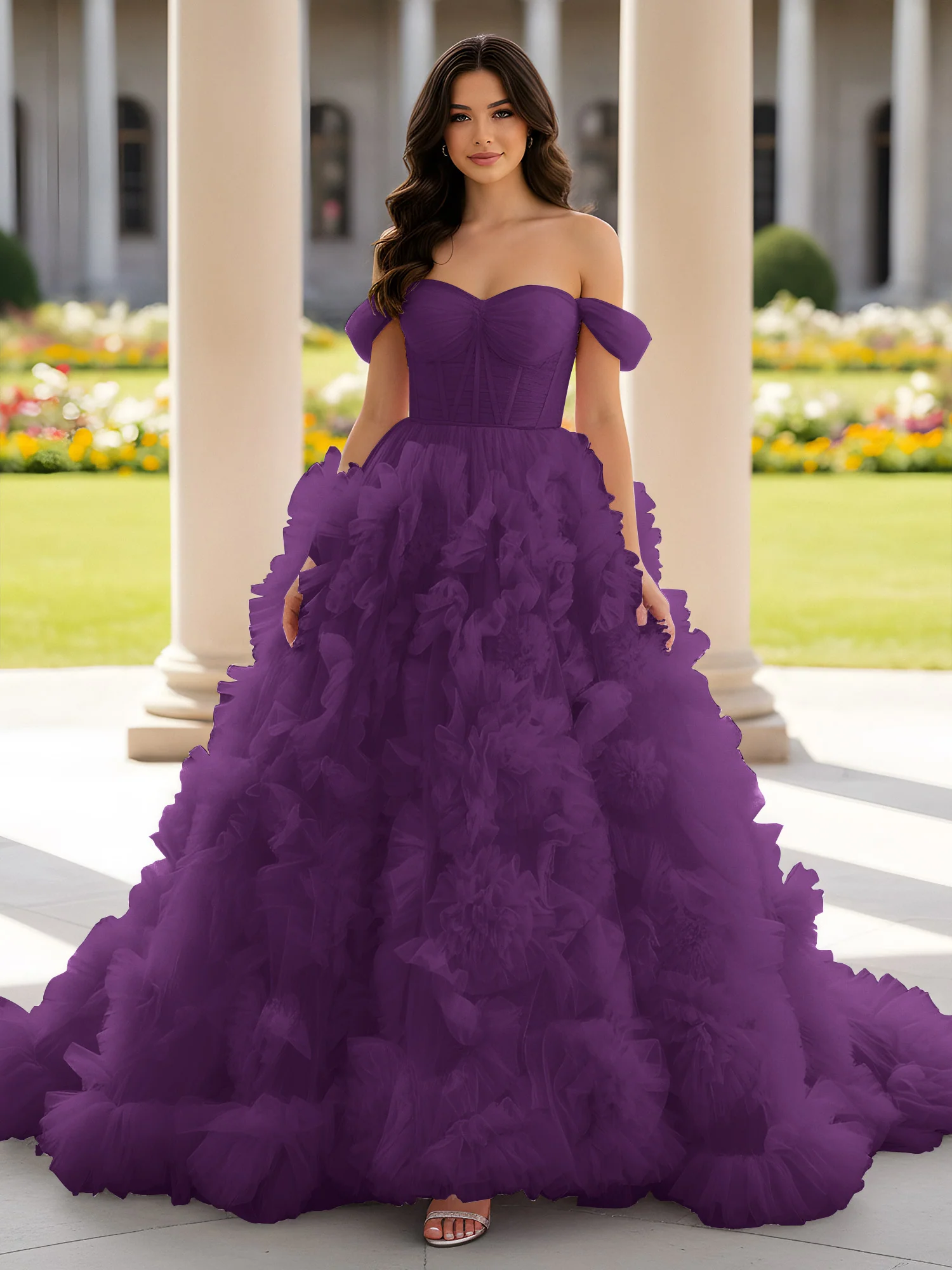 Sweetheart Off-the-shoulder Ruffle Ball Gown Sweep Train Grape