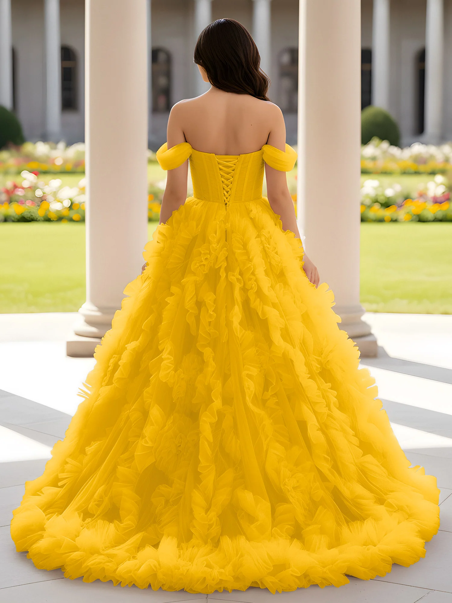Sweetheart Off-the-shoulder Ruffle Ball Gown Sweep Train Marigold - Image 2