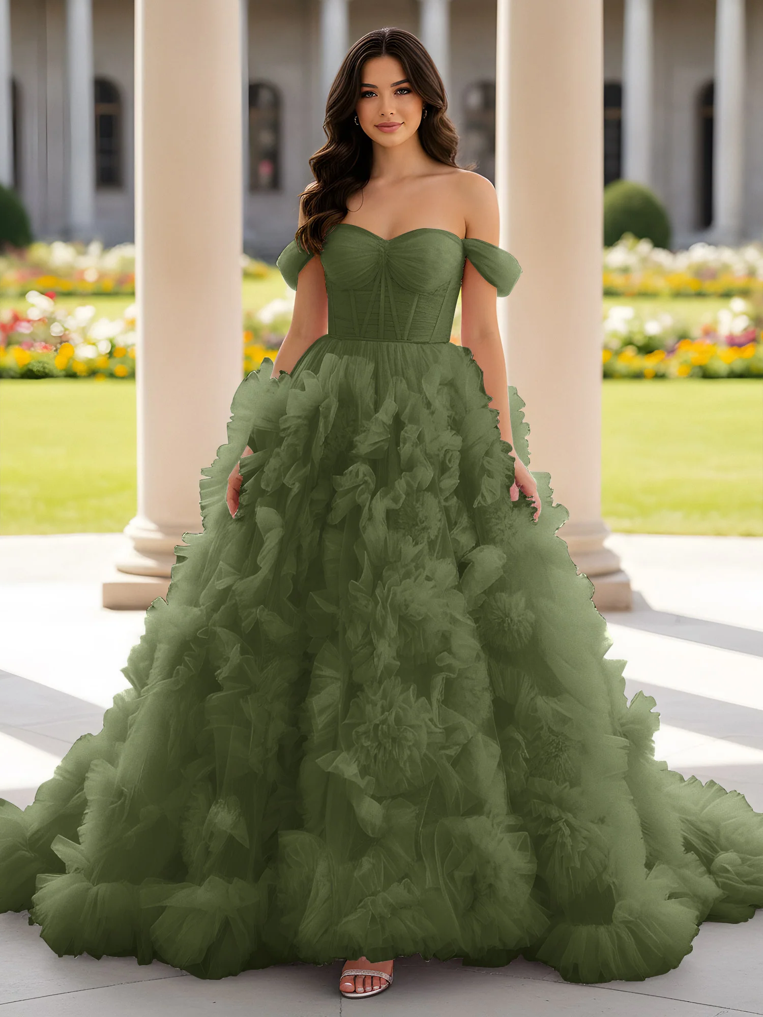 Sweetheart Off-the-shoulder Ruffle Ball Gown Sweep Train Olive Green