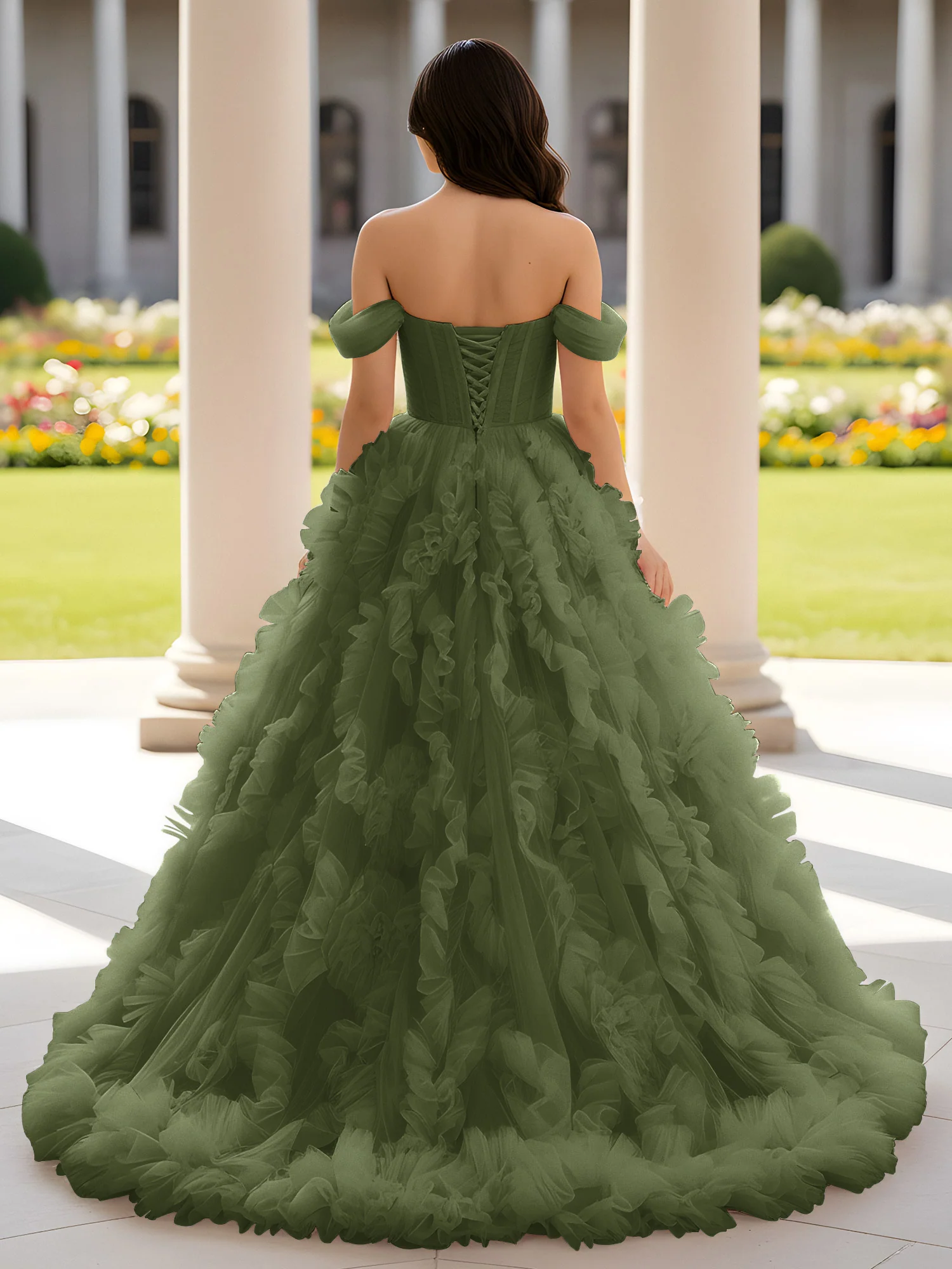 Sweetheart Off-the-shoulder Ruffle Ball Gown Sweep Train Olive Green - Image 2