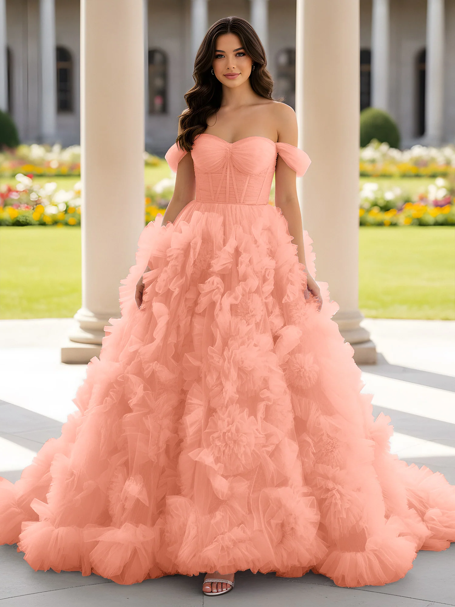 Sweetheart Off-the-shoulder Ruffle Ball Gown Sweep Train Papaya