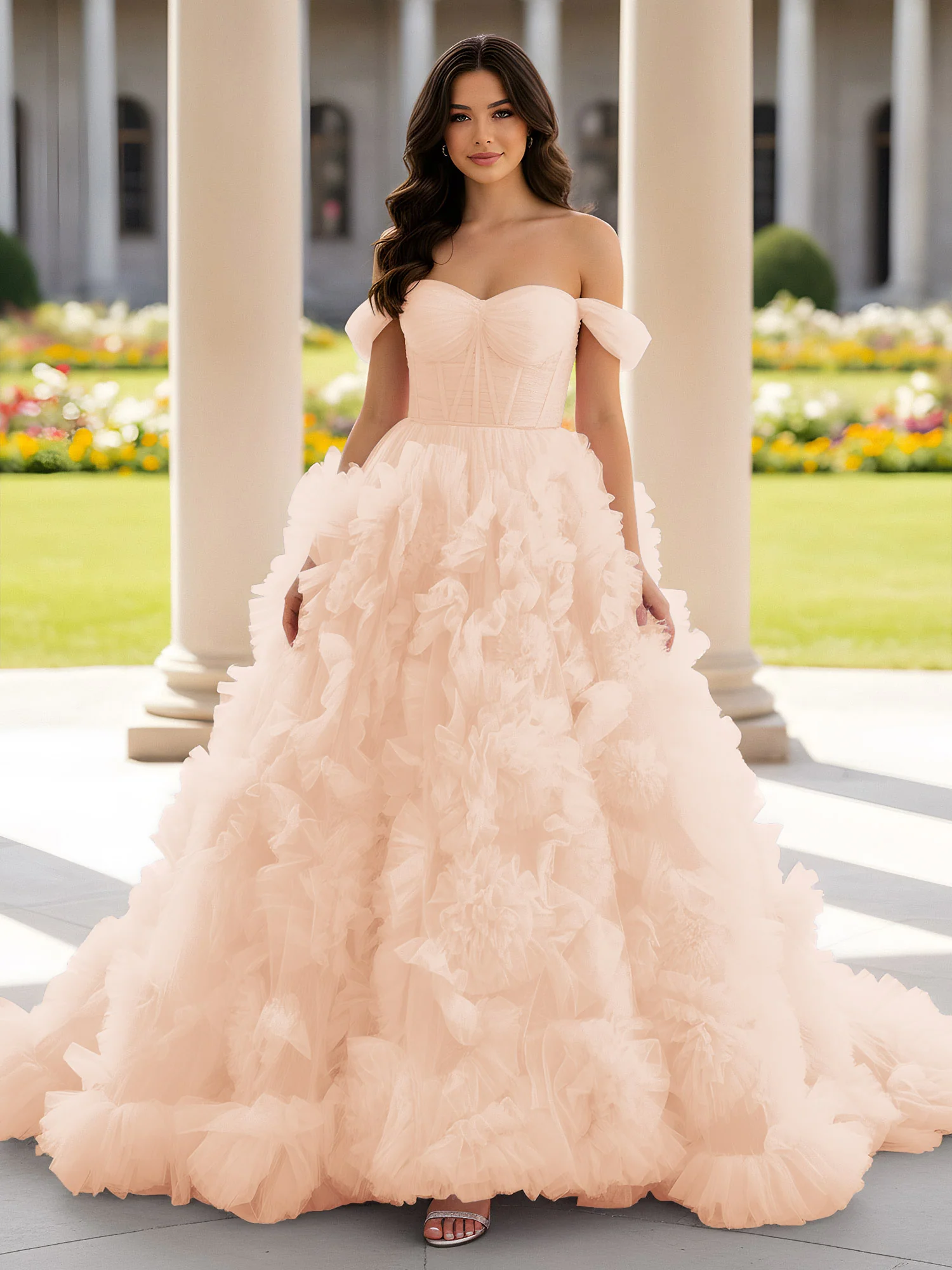 Sweetheart Off-the-shoulder Ruffle Ball Gown Sweep Train Pearl Pink