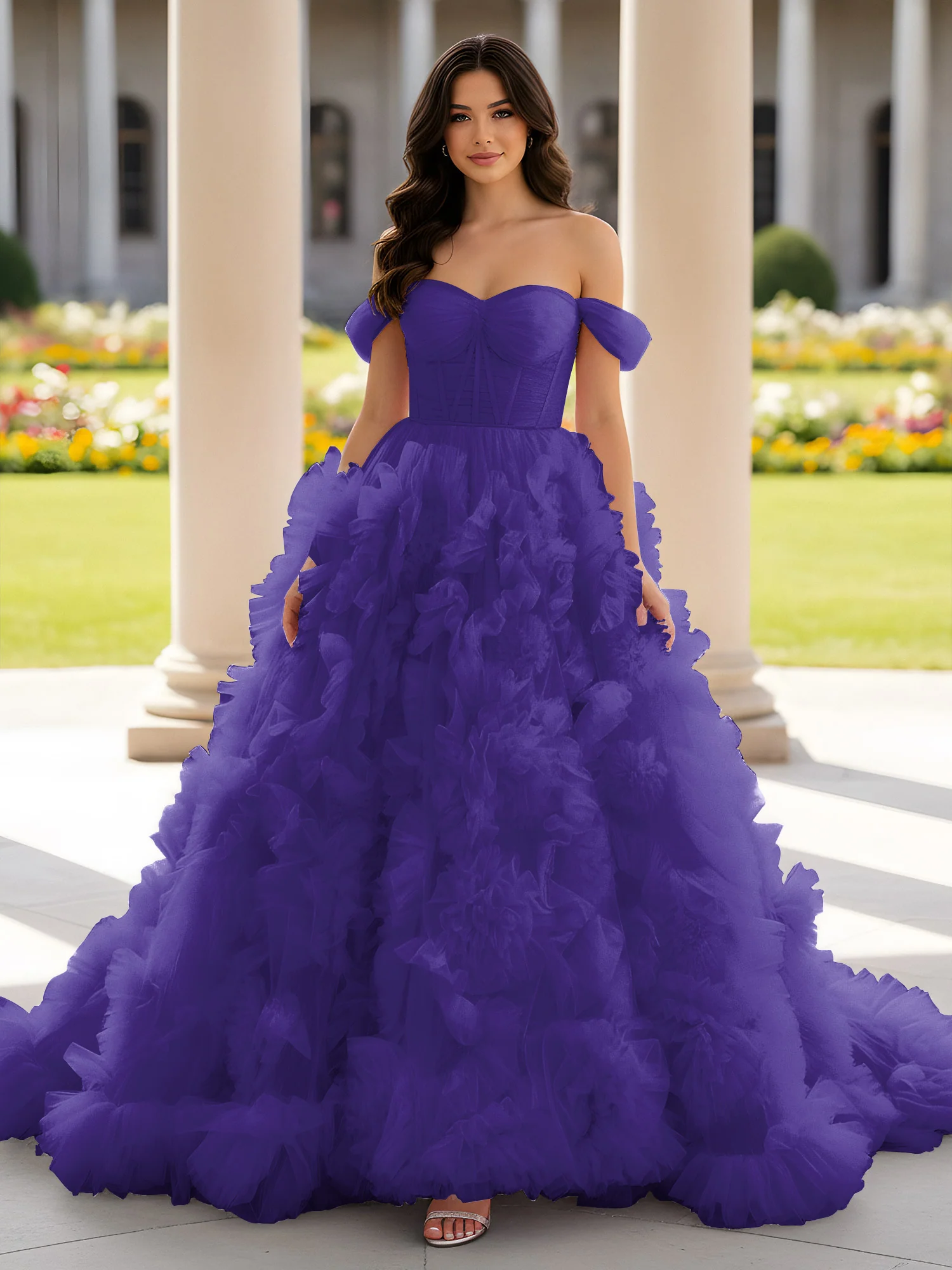 Sweetheart Off-the-shoulder Ruffle Ball Gown Sweep Train Regency