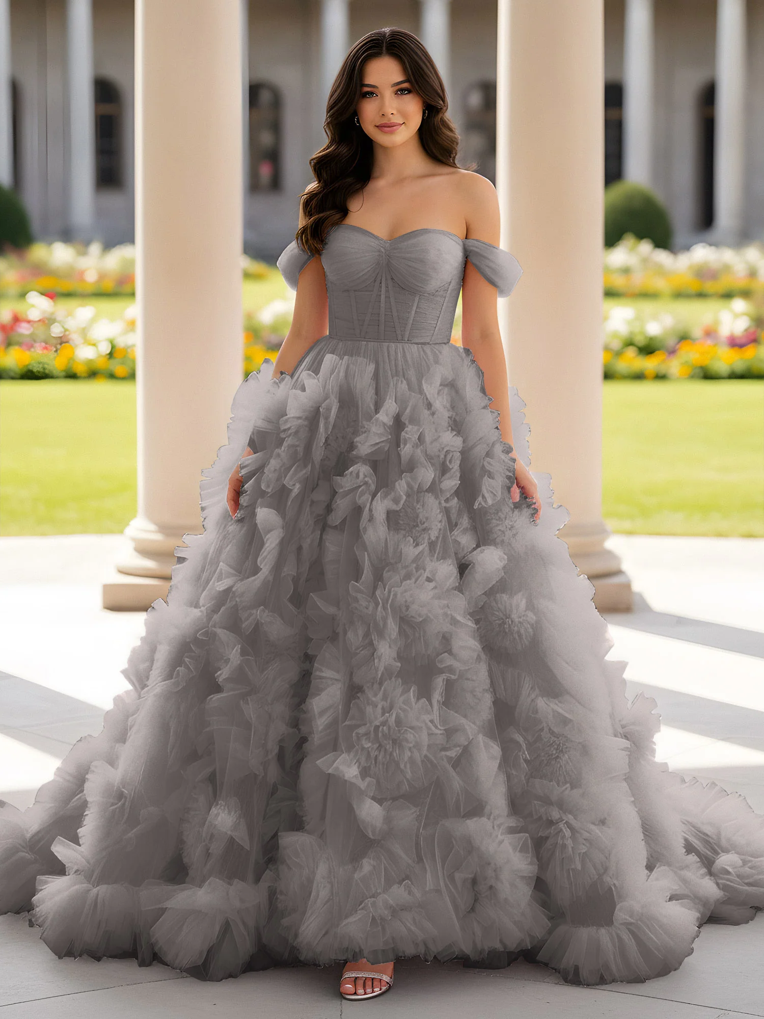 Sweetheart Off-the-shoulder Ruffle Ball Gown Sweep Train Steel Grey