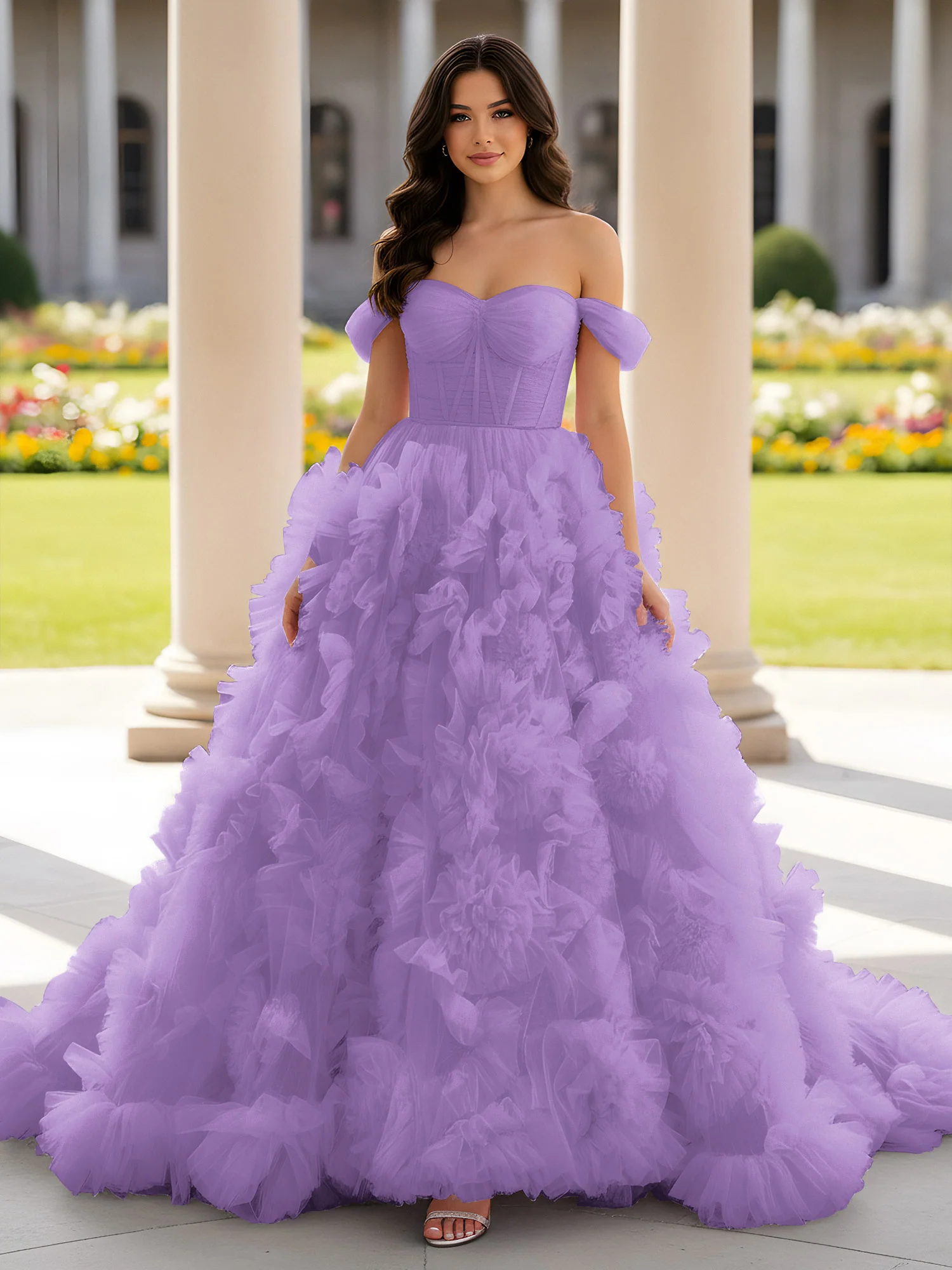 Sweetheart Off-the-shoulder Ruffle Ball Gown Sweep Train Tahiti