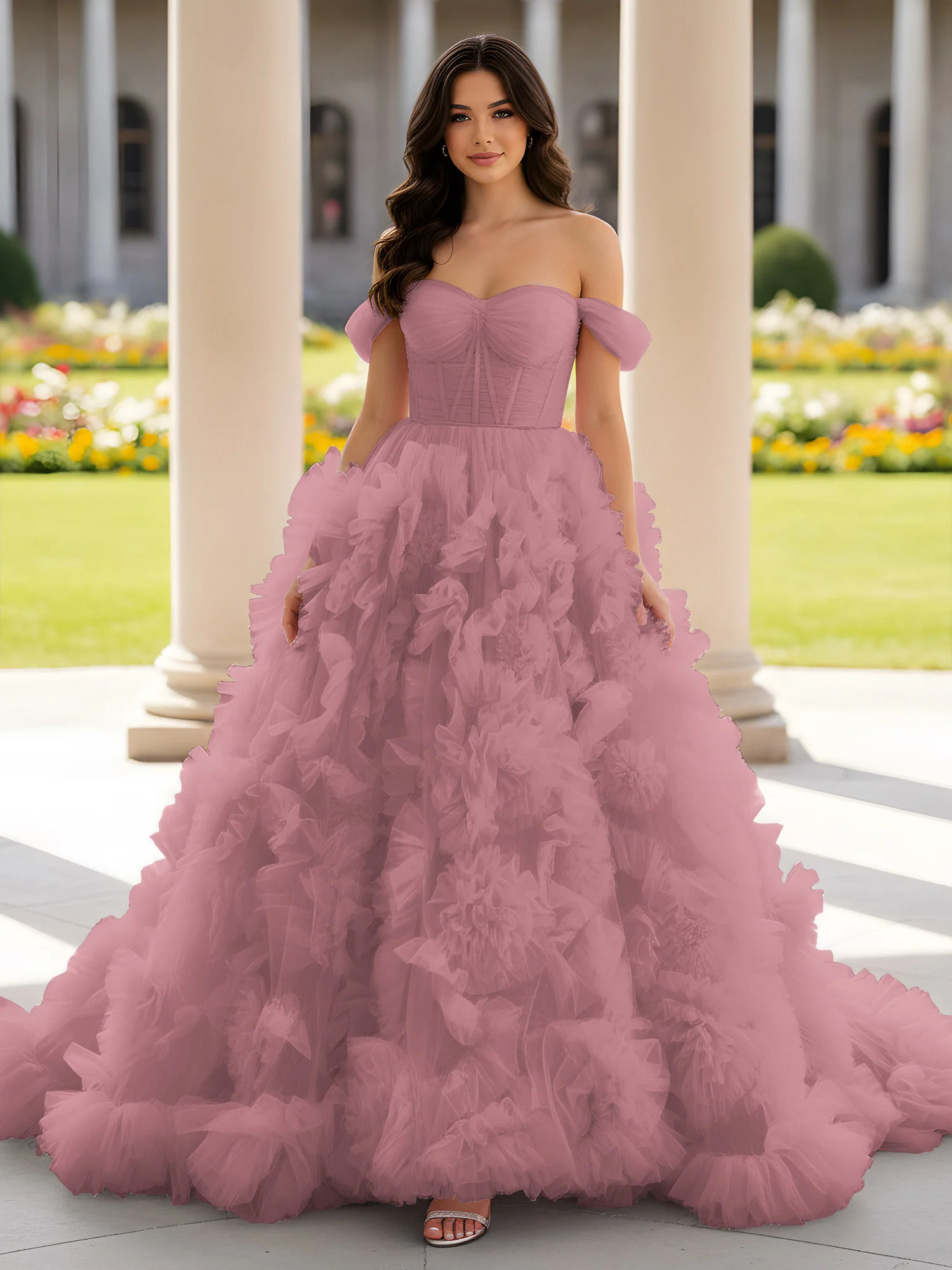 Sweetheart Off-the-shoulder Ruffle Ball Gown Sweep Train Vintage Mauve