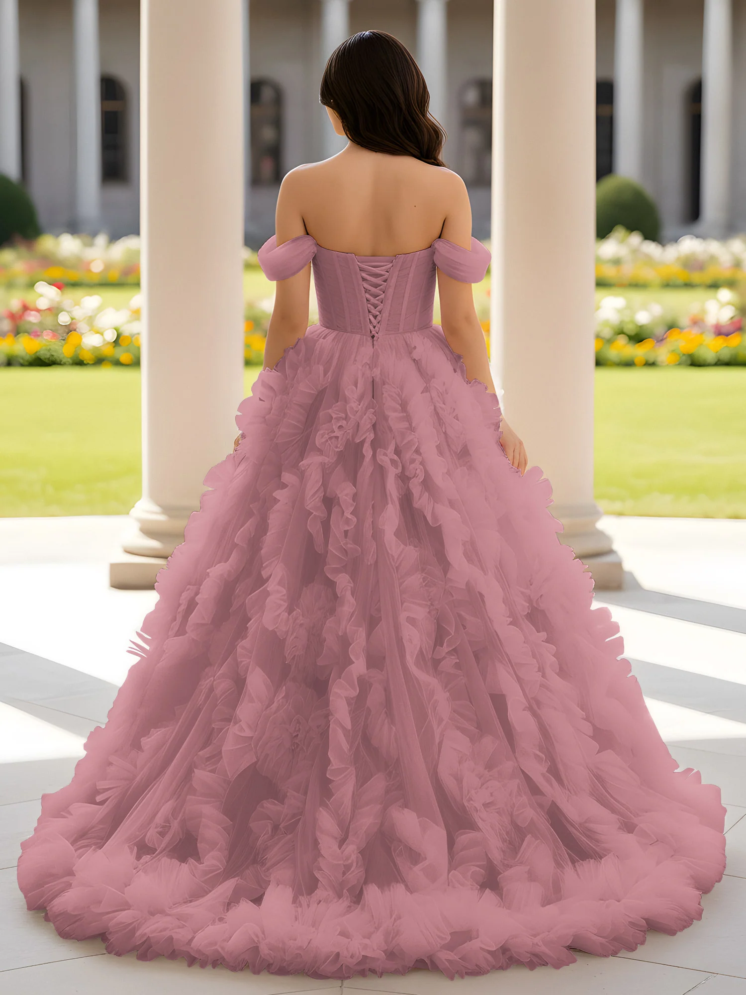 Sweetheart Off-the-shoulder Ruffle Ball Gown Sweep Train Vintage Mauve - Image 2