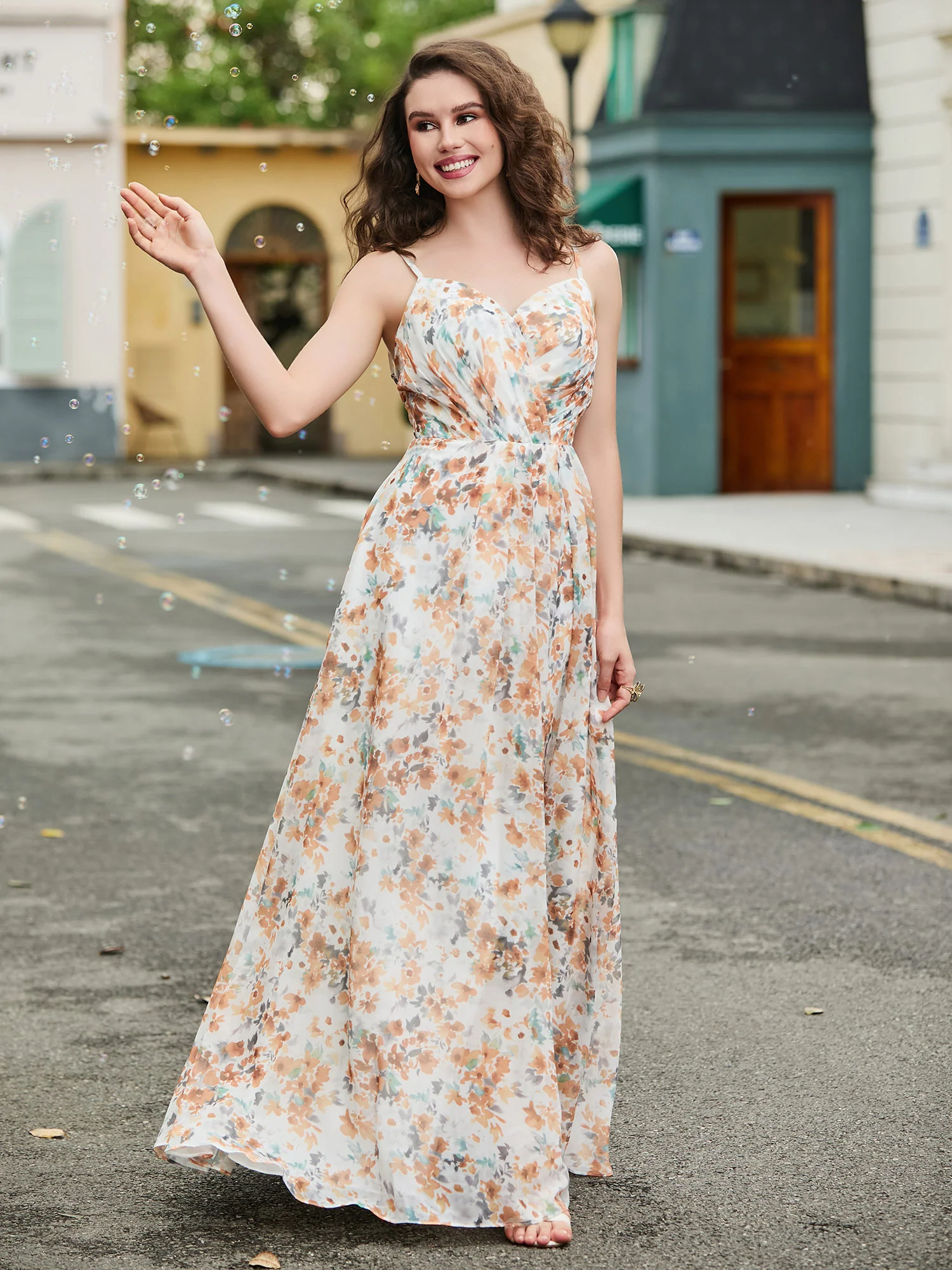 Sweetheart Pleated Long Dress With Slit Sunset Floral - Image 4