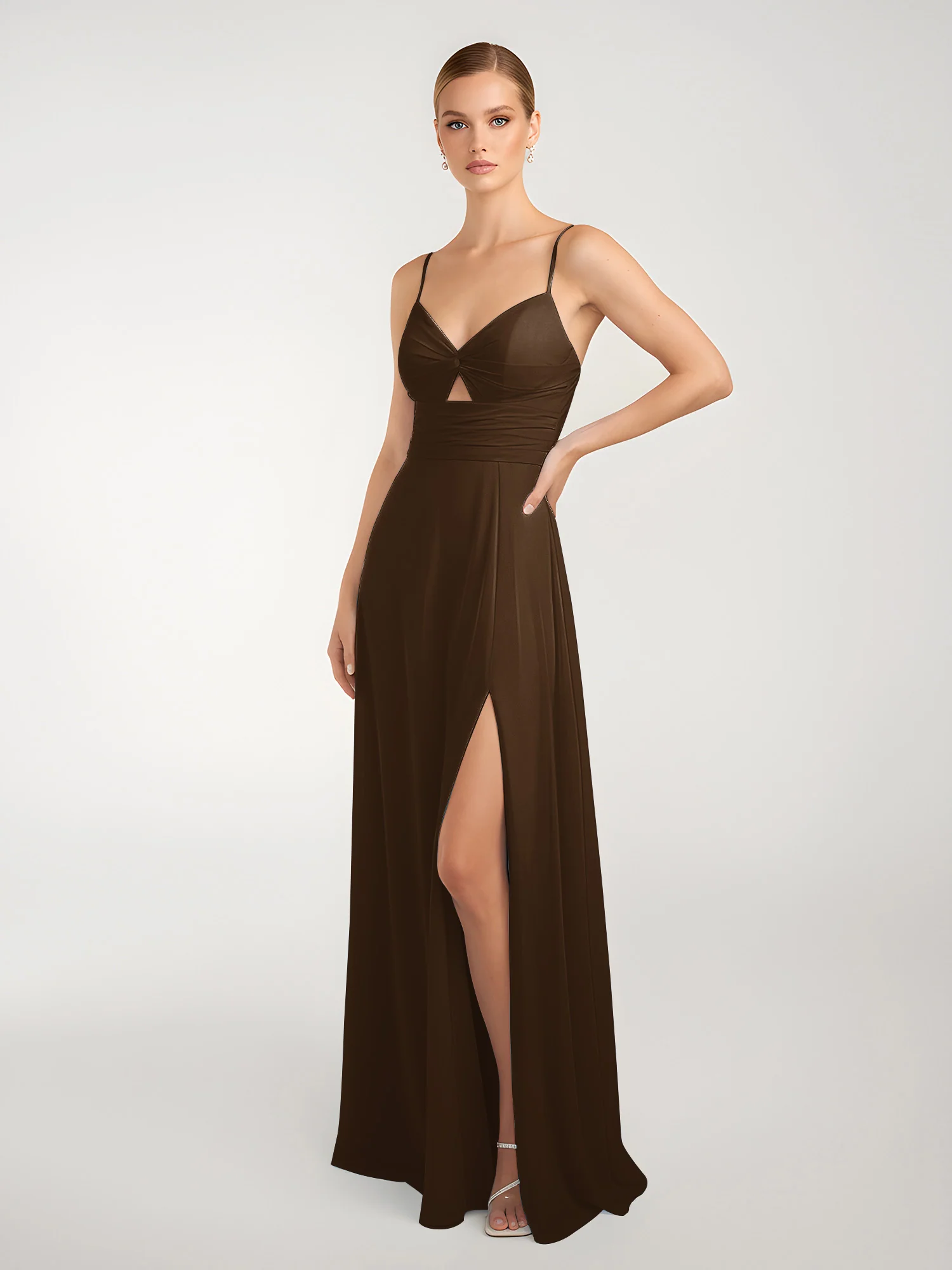 Chiffon A-Line Criss-Cross Straps Dresses With Slit Brown