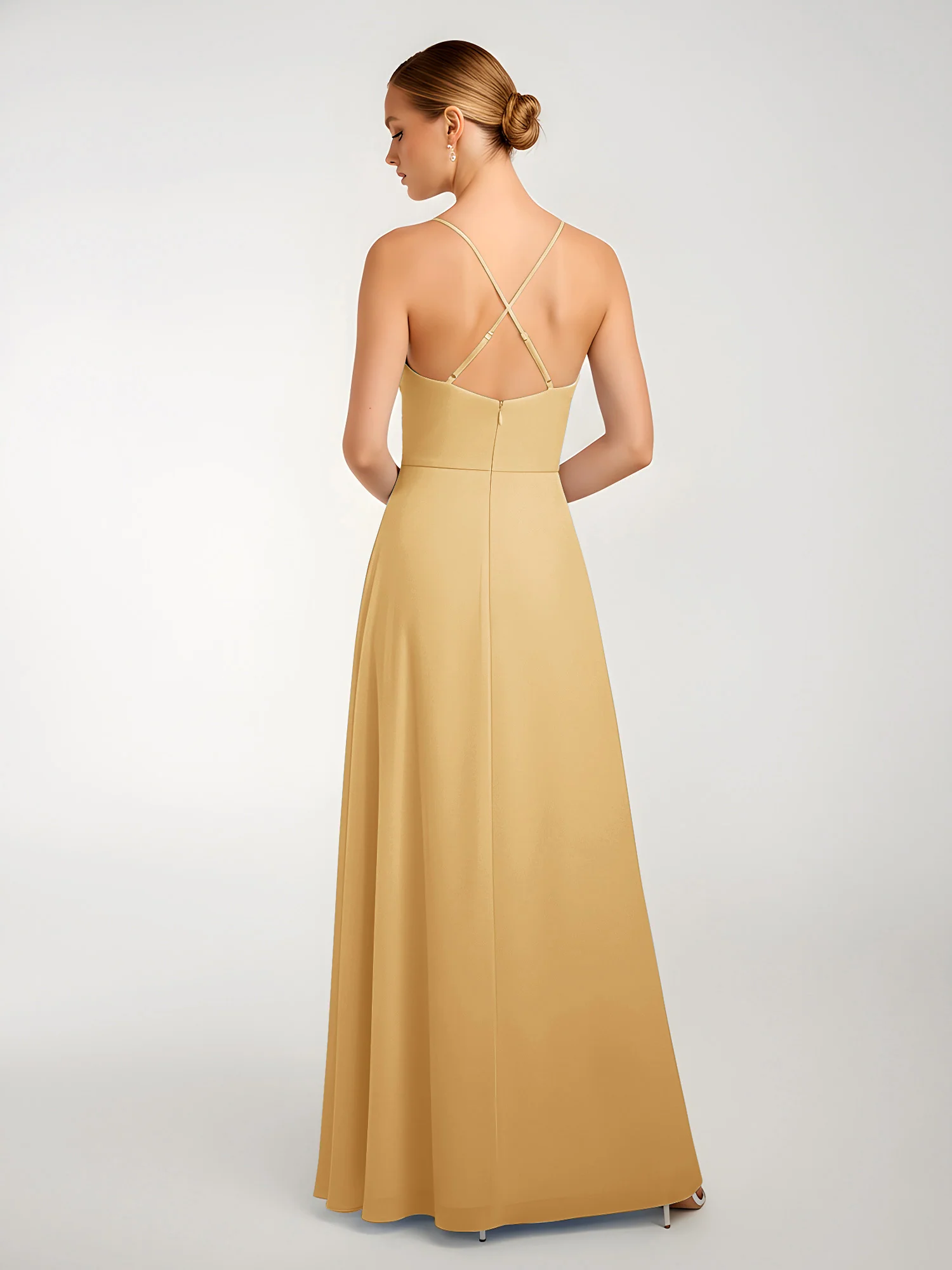 Chiffon A-Line Criss-Cross Straps Dresses With Slit Gold - Image 2