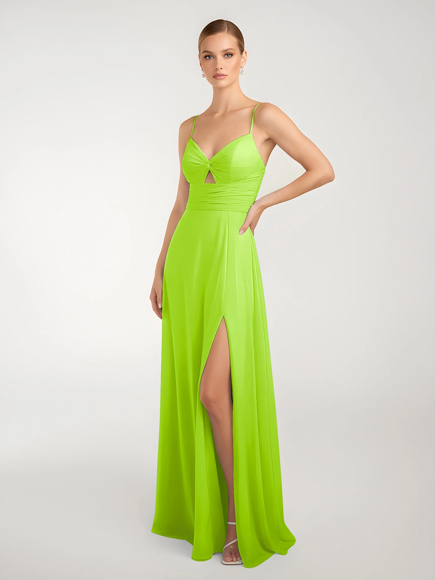 Chiffon A-Line Criss-Cross Straps Dresses With Slit Lime Green