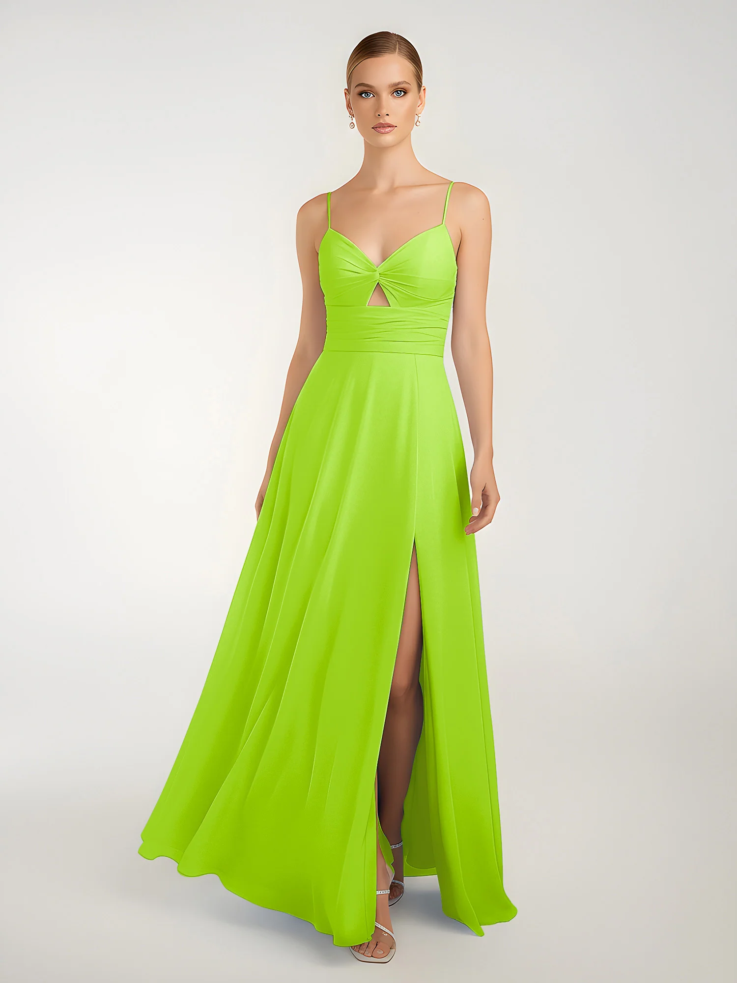 Chiffon A-Line Criss-Cross Straps Dresses With Slit Lime Green - Image 3