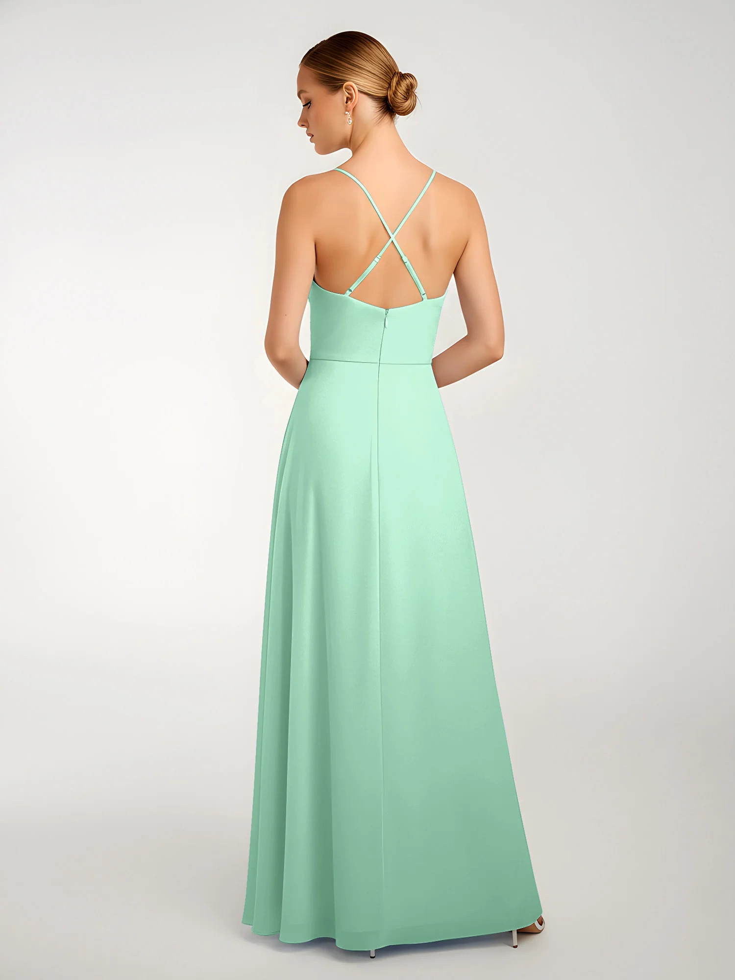 Chiffon A-Line Criss-Cross Straps Dresses With Slit Mint Green - Image 2