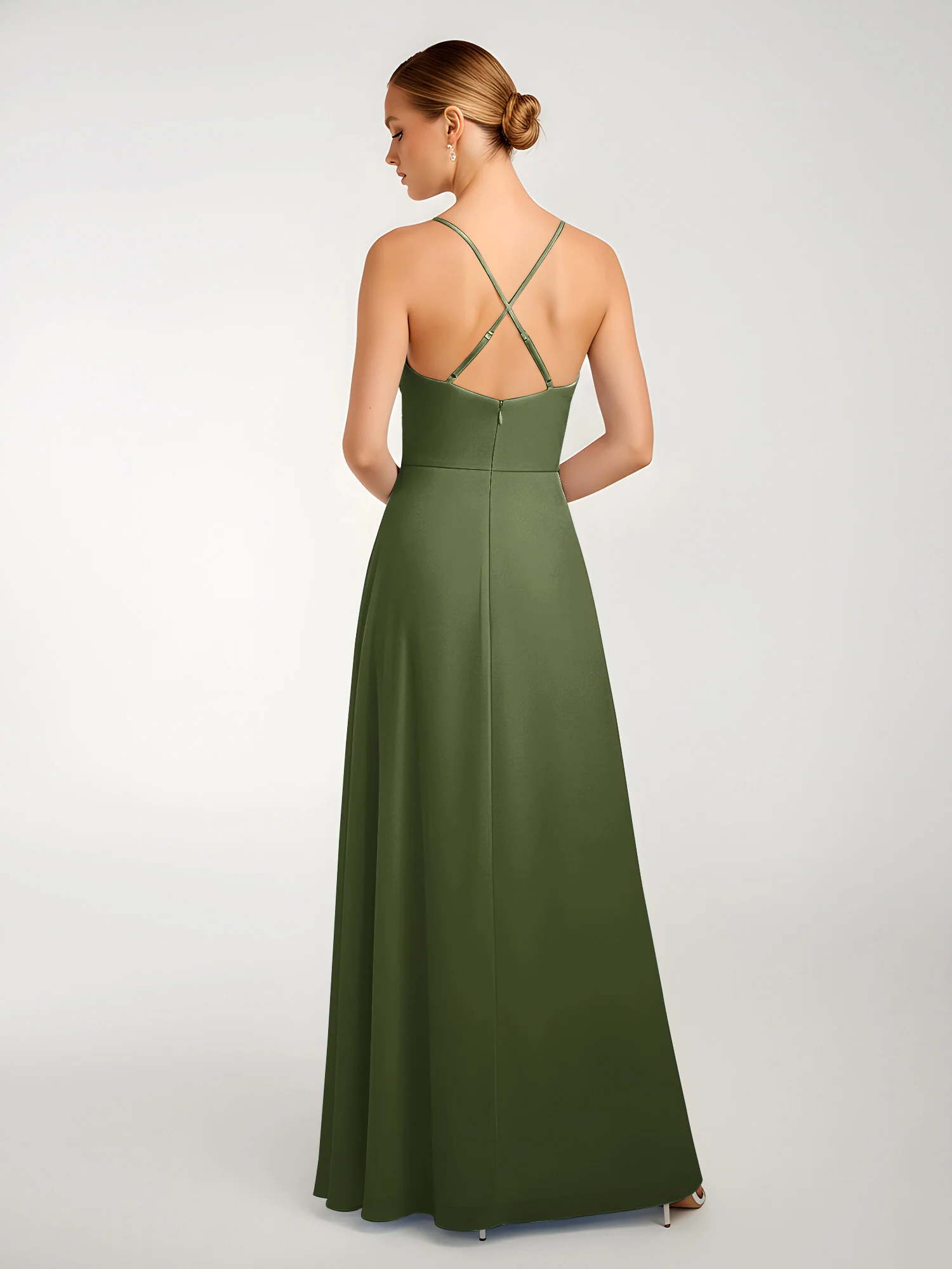Chiffon A-Line Criss-Cross Straps Dresses With Slit Olive Green - Image 2
