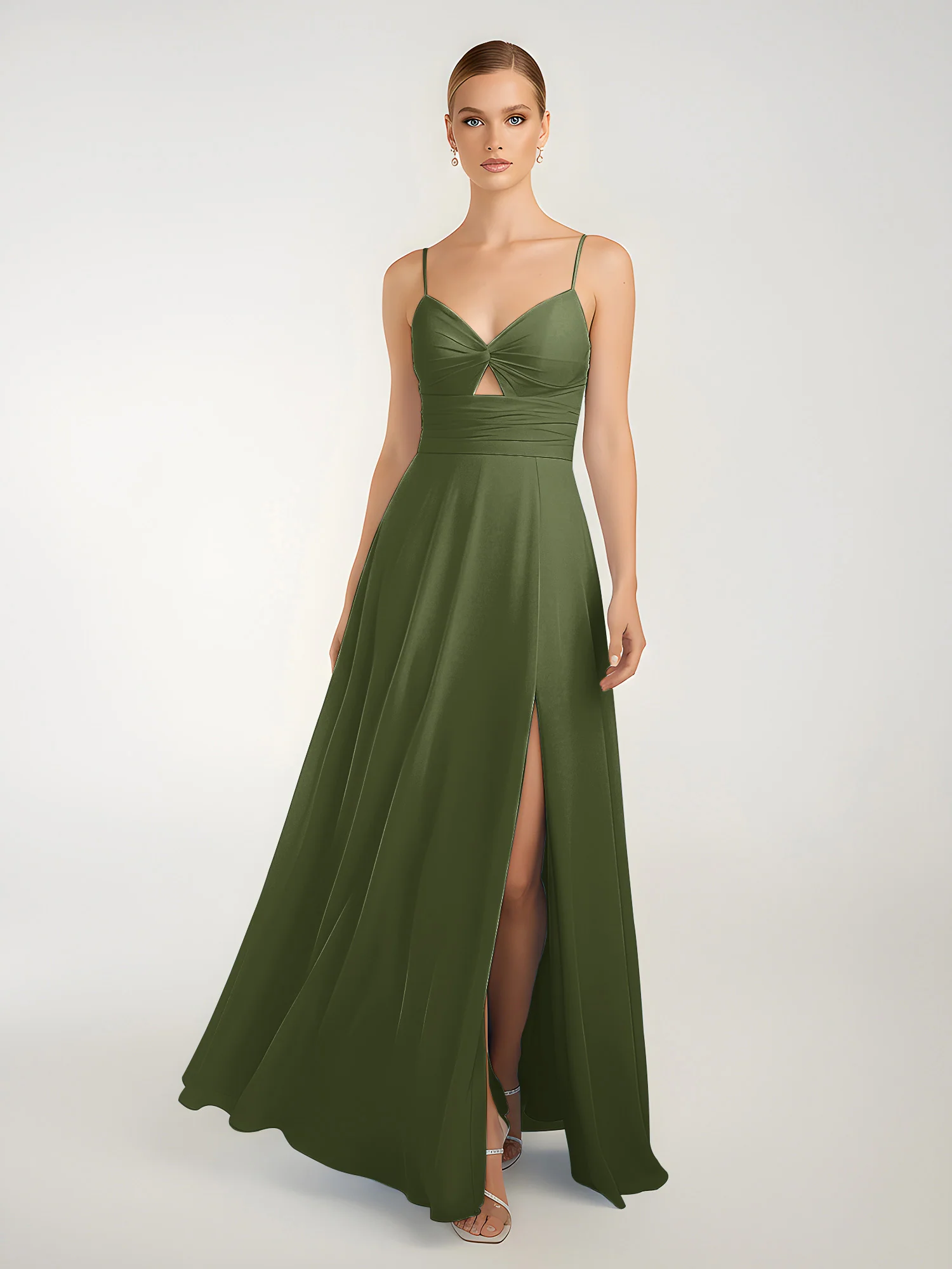 Chiffon A-Line Criss-Cross Straps Dresses With Slit Olive Green - Image 3