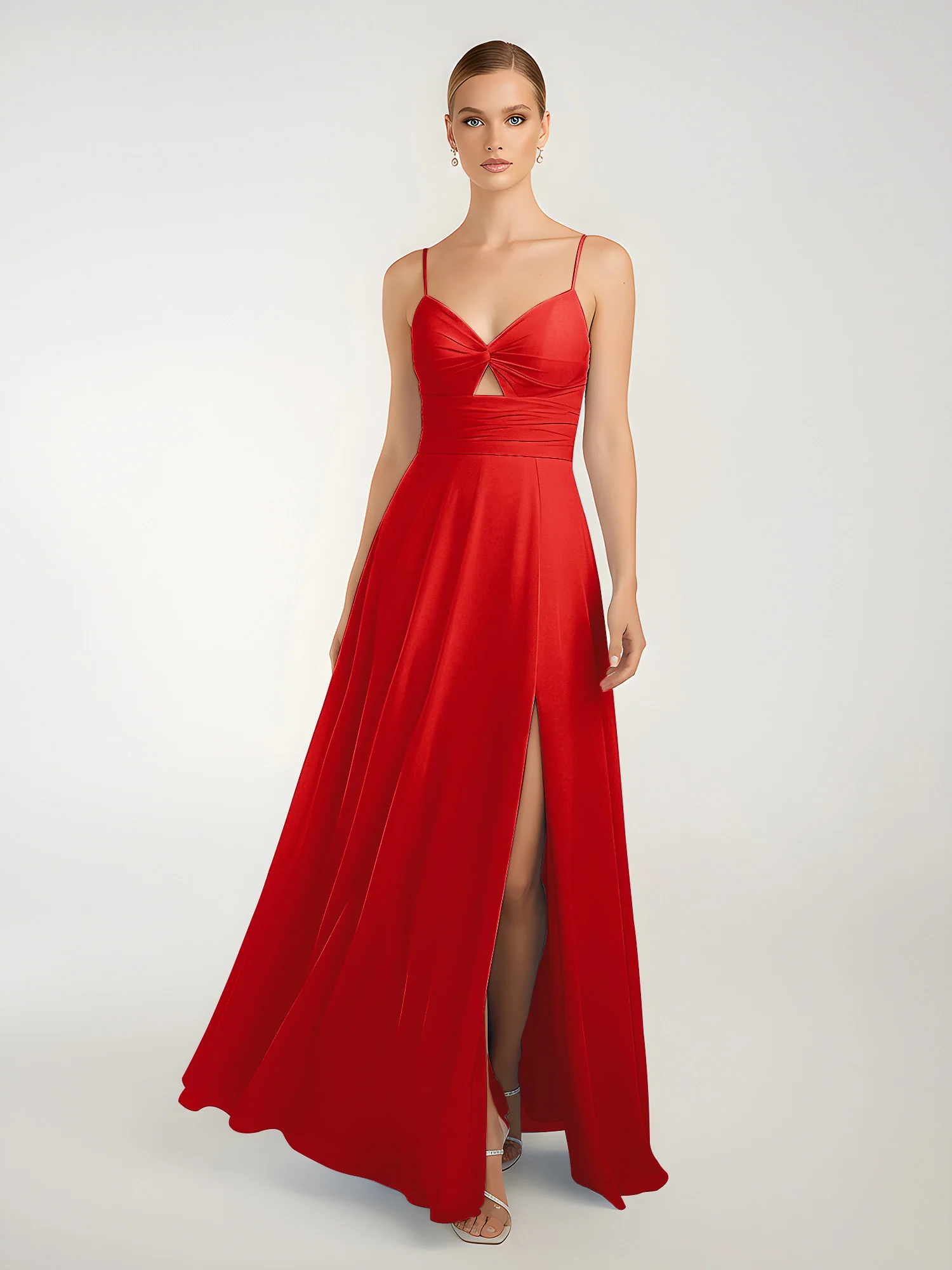 Chiffon A-Line Criss-Cross Straps Dresses With Slit Red - Image 3