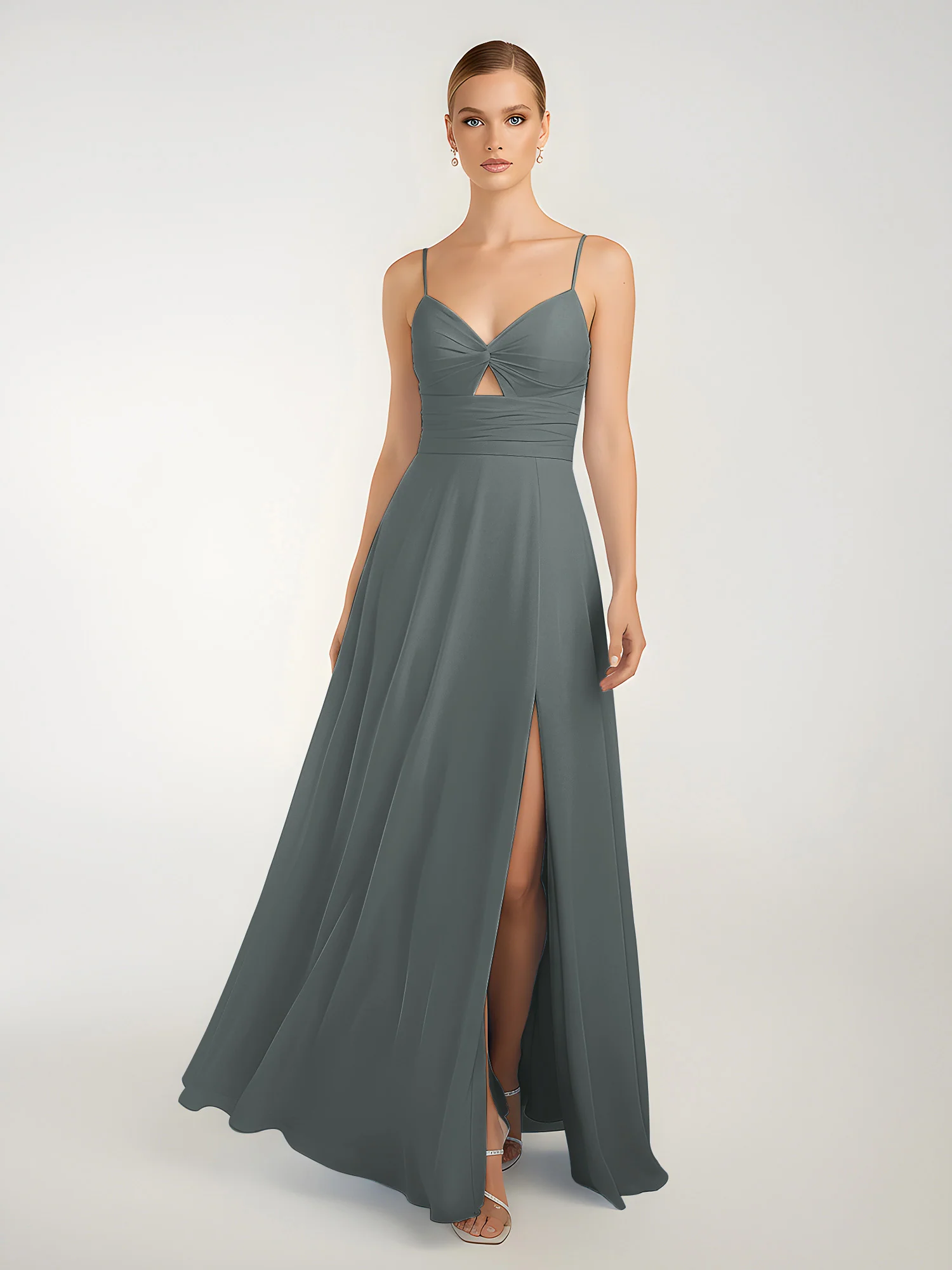 Chiffon A-Line Criss-Cross Straps Dresses With Slit Steel Grey - Image 3